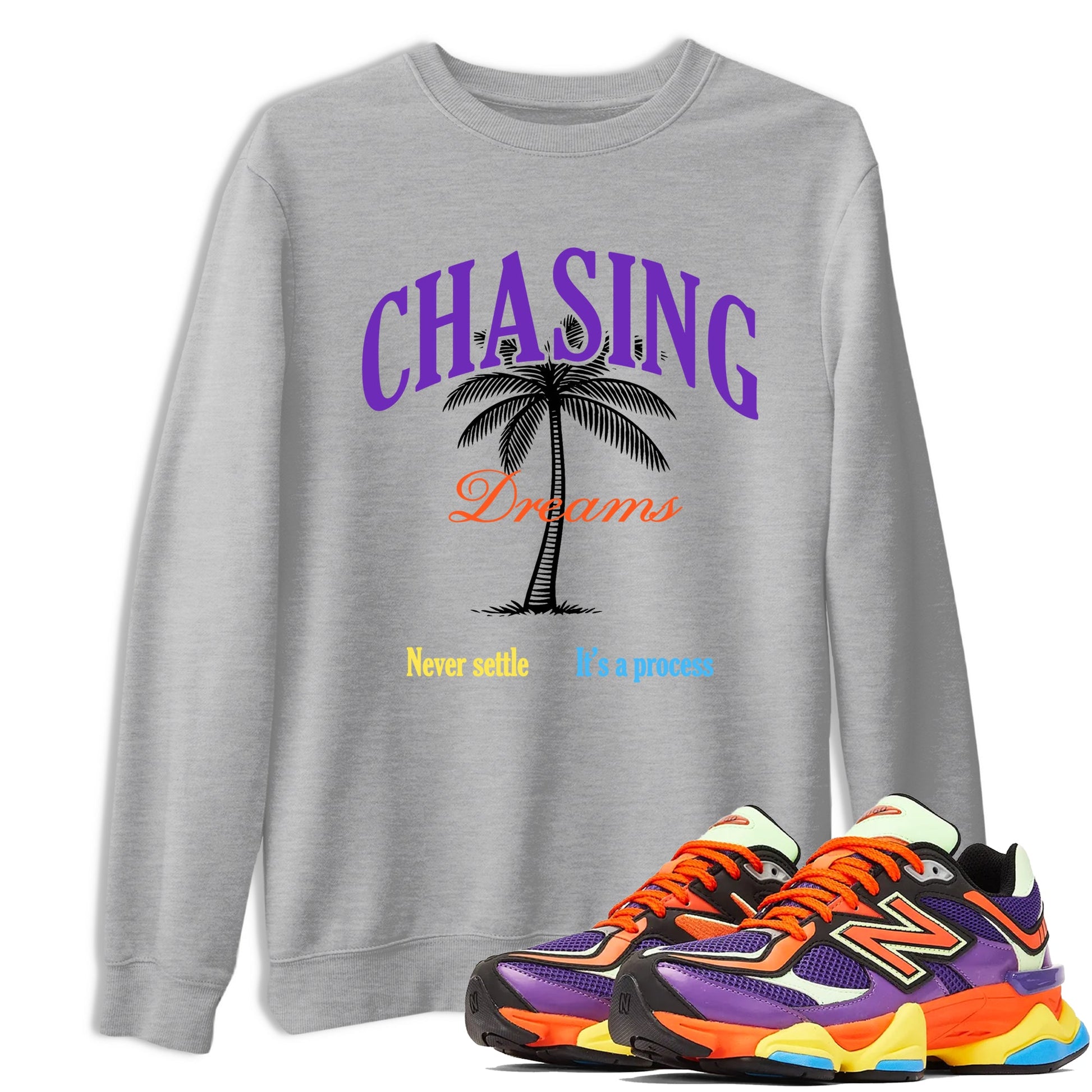 Sneaker Threads – Sneaker Tees To Match New Balance 9060 Prism Purple – Chasing Dreams Graphic Tee Heather Grey 1. Perfect for Jordan releases 2025 colorways.