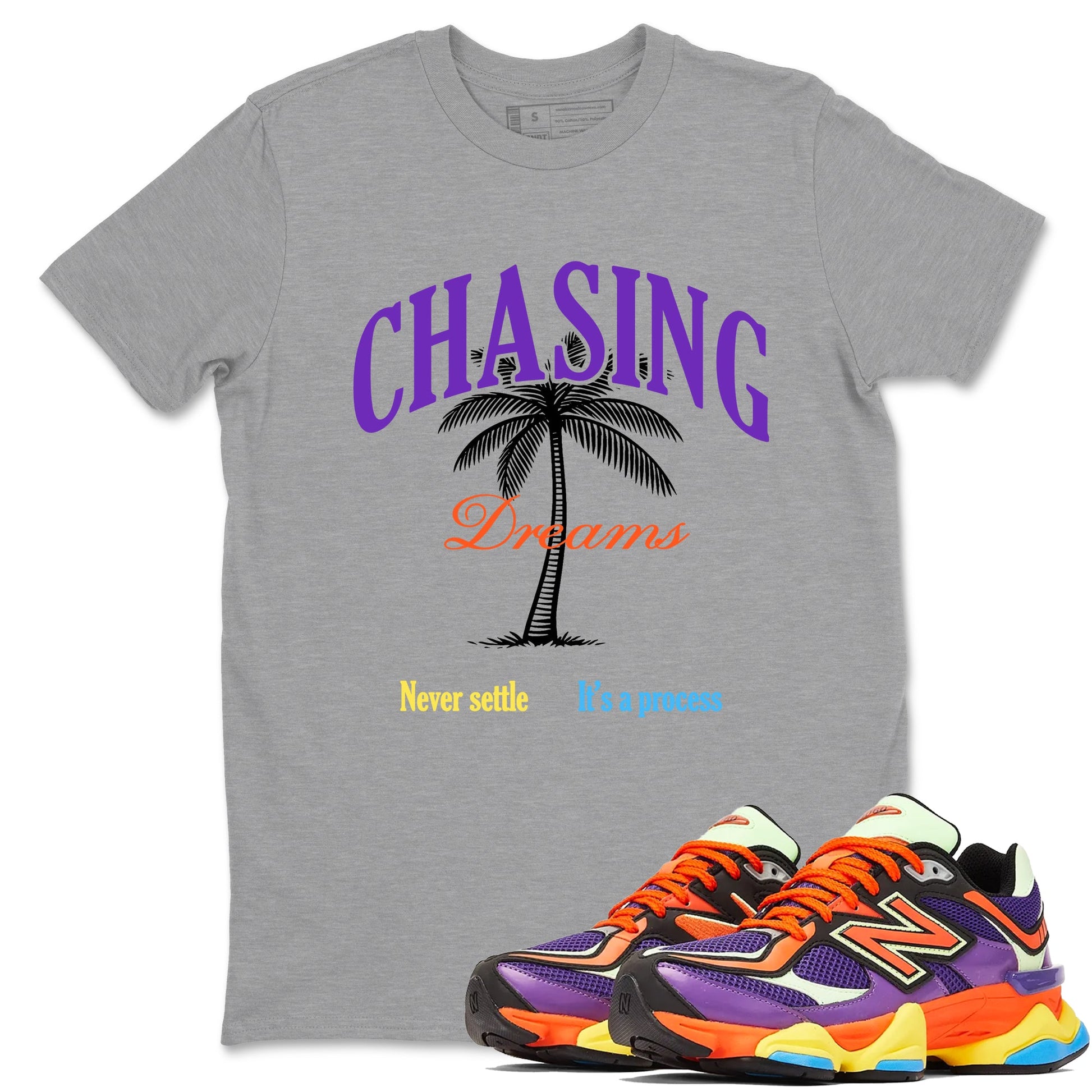 Sneaker Threads – Sneaker Tees To Match New Balance 9060 Prism Purple – Chasing Dreams Graphic Tee Heather Grey 1. Perfect for Jordan releases 2025 colorways.