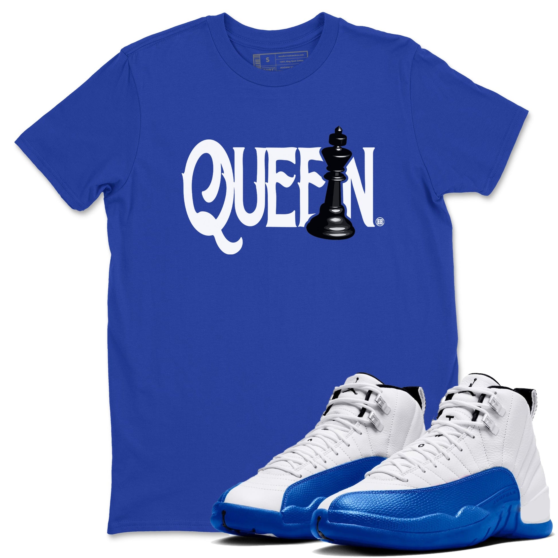 12s Blueberry shirts to match jordans Chess Queen sneaker match tees Air Jordan 12 Blueberry SNRT Sneaker Tees streetwear brand Royal Blue 1 unisex cotton tee