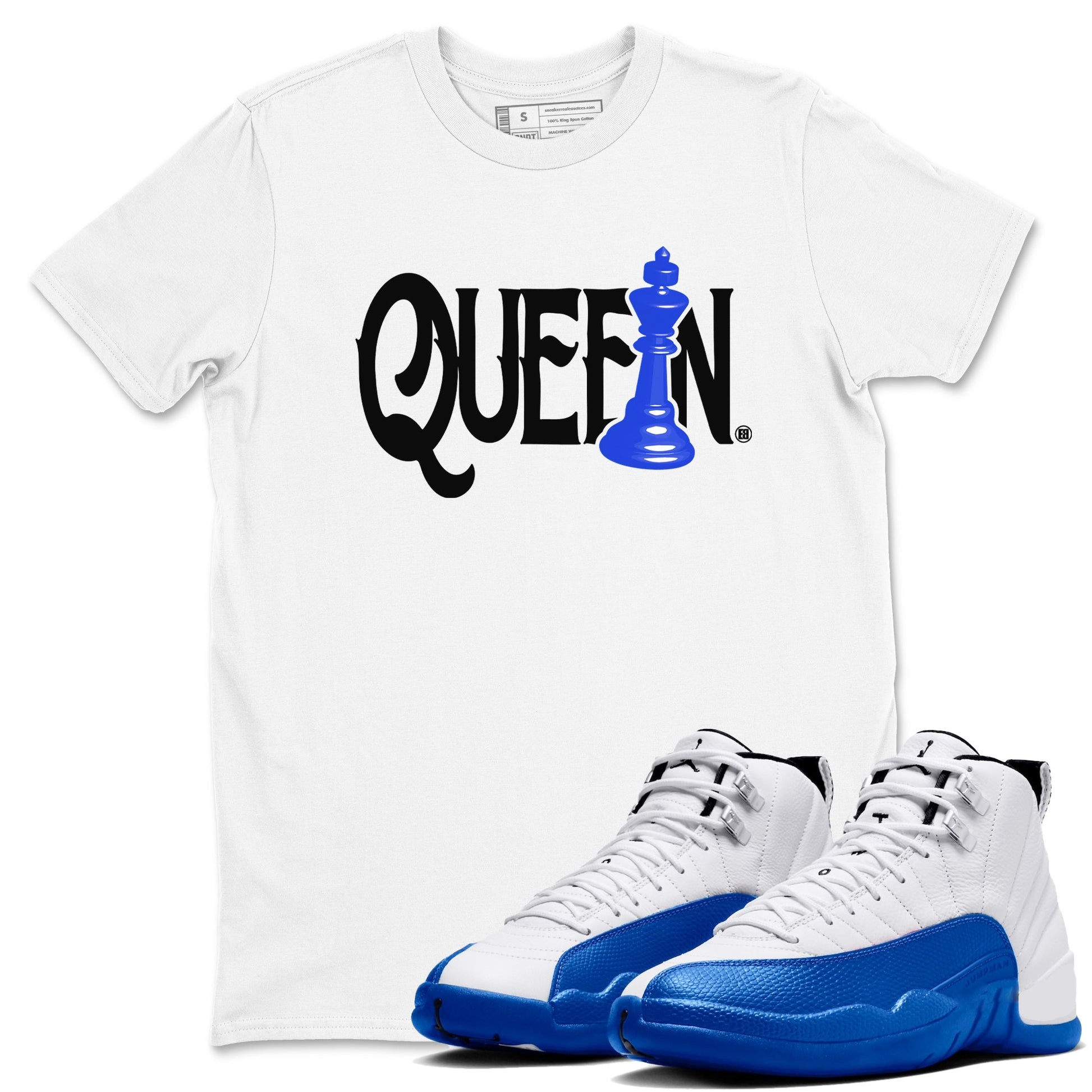 12s Blueberry shirts to match jordans Chess Queen sneaker match tees Air Jordan 12 Blueberry SNRT Sneaker Tees streetwear brand White 1 unisex cotton tee