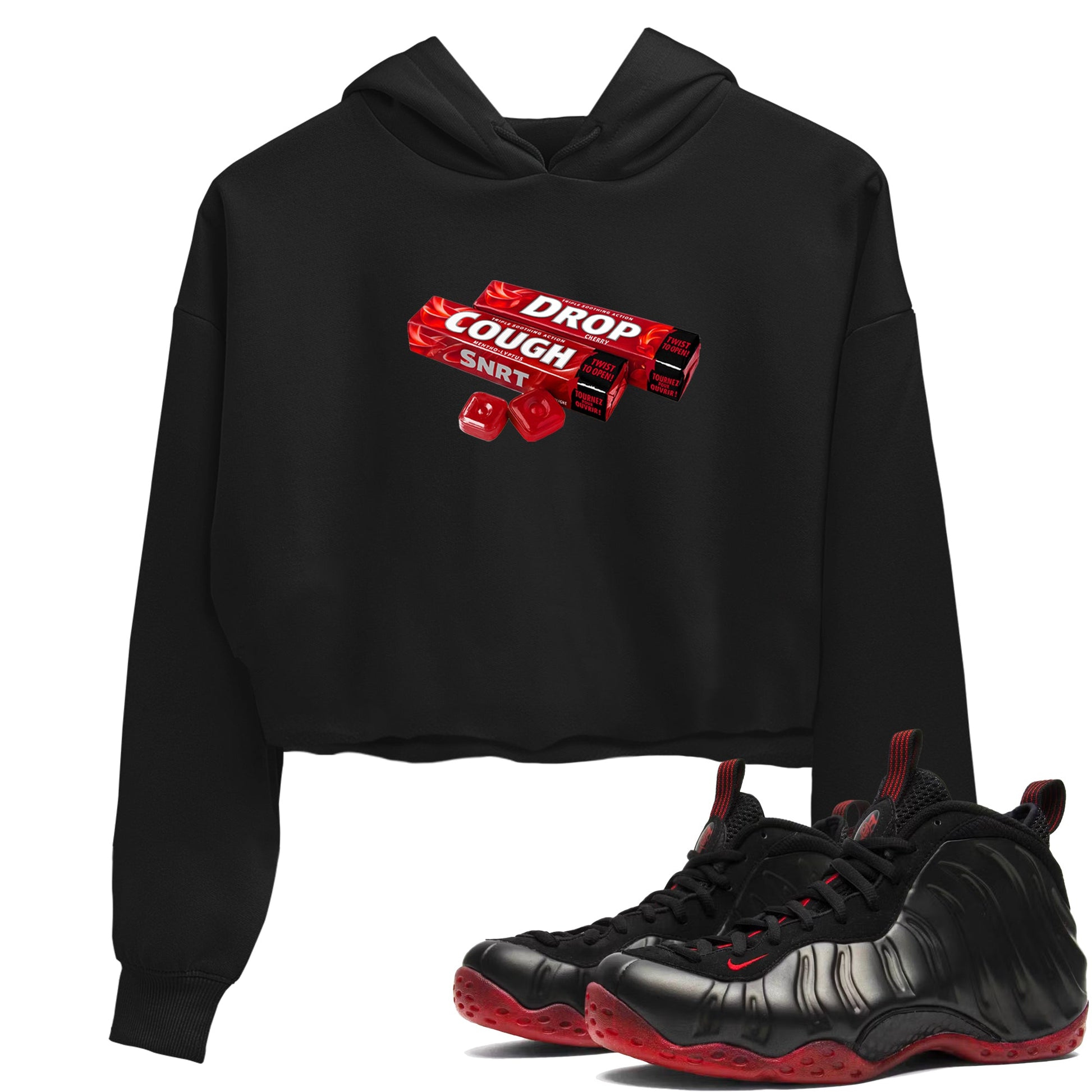 Sneaker match tees – Sneaker Tees To Match Air Foamposite Cough Drop Shoes – Cough Drop Crop T-Shirt Black 1