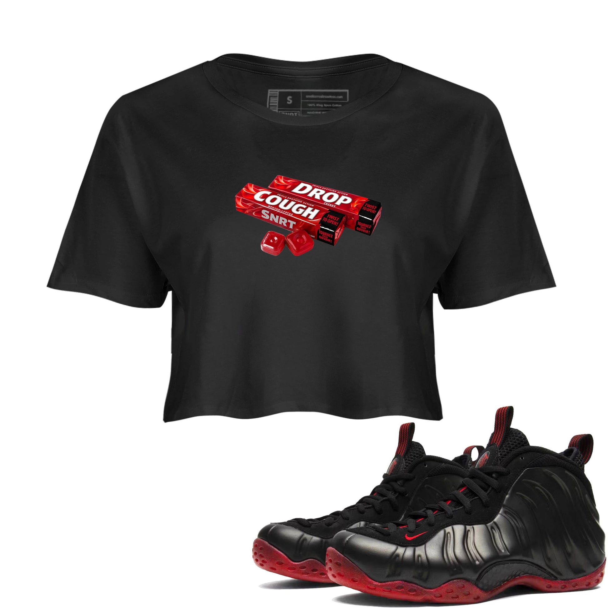 Sneaker match tees – Sneaker Tees To Match Air Foamposite Cough Drop Shoes – Cough Drop Crop T-Shirt Black 1