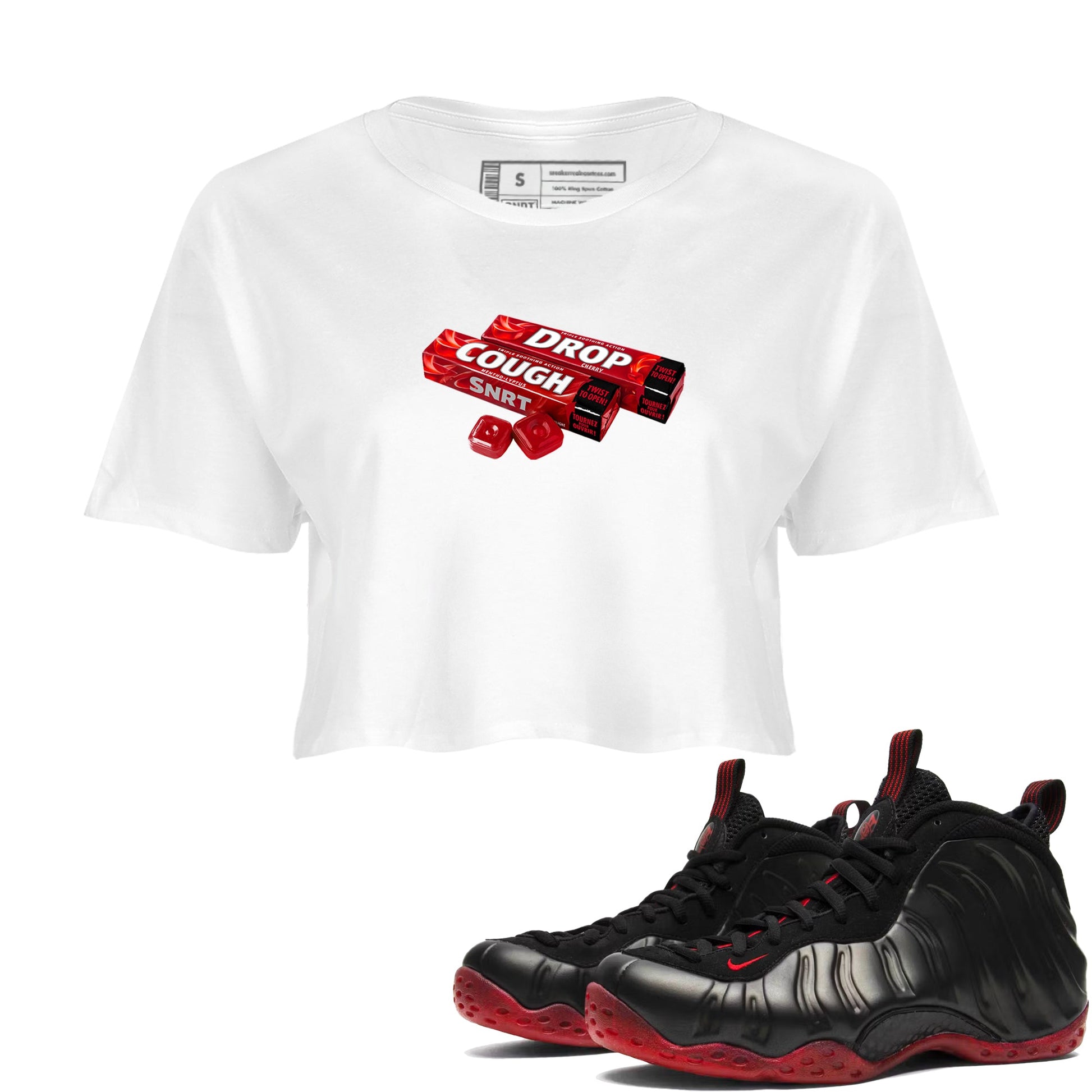 Sneaker match tees – Sneaker Tees To Match Air Foamposite Cough Drop Shoes – Cough Drop Crop T-Shirt White 1