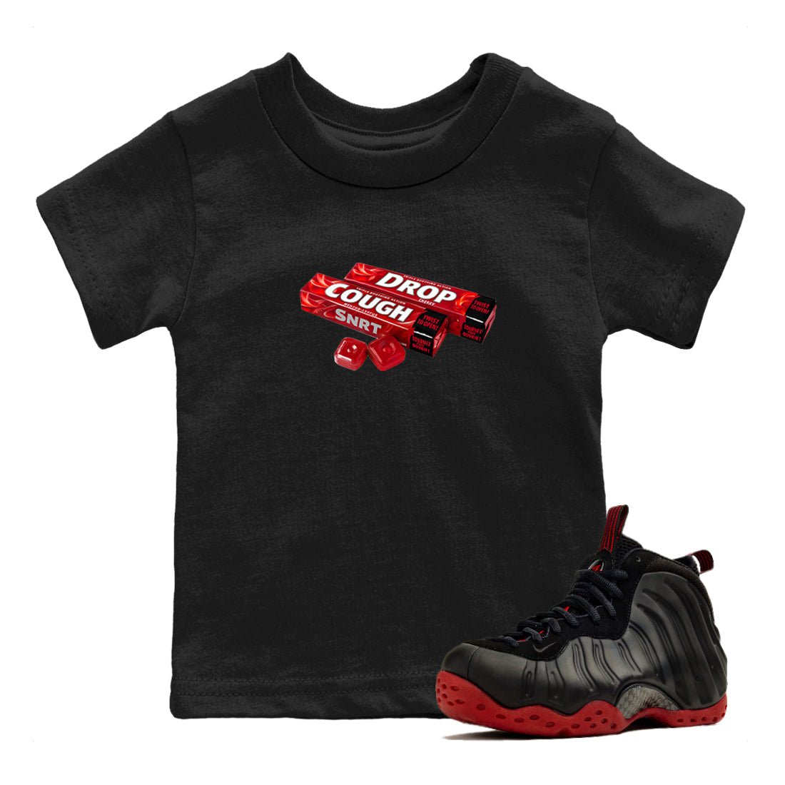 Sneaker match tees – Sneaker Tees To Match Air Foamposite Cough Drop Shoes – Cough Drop Kids T-Shirt Black 1
