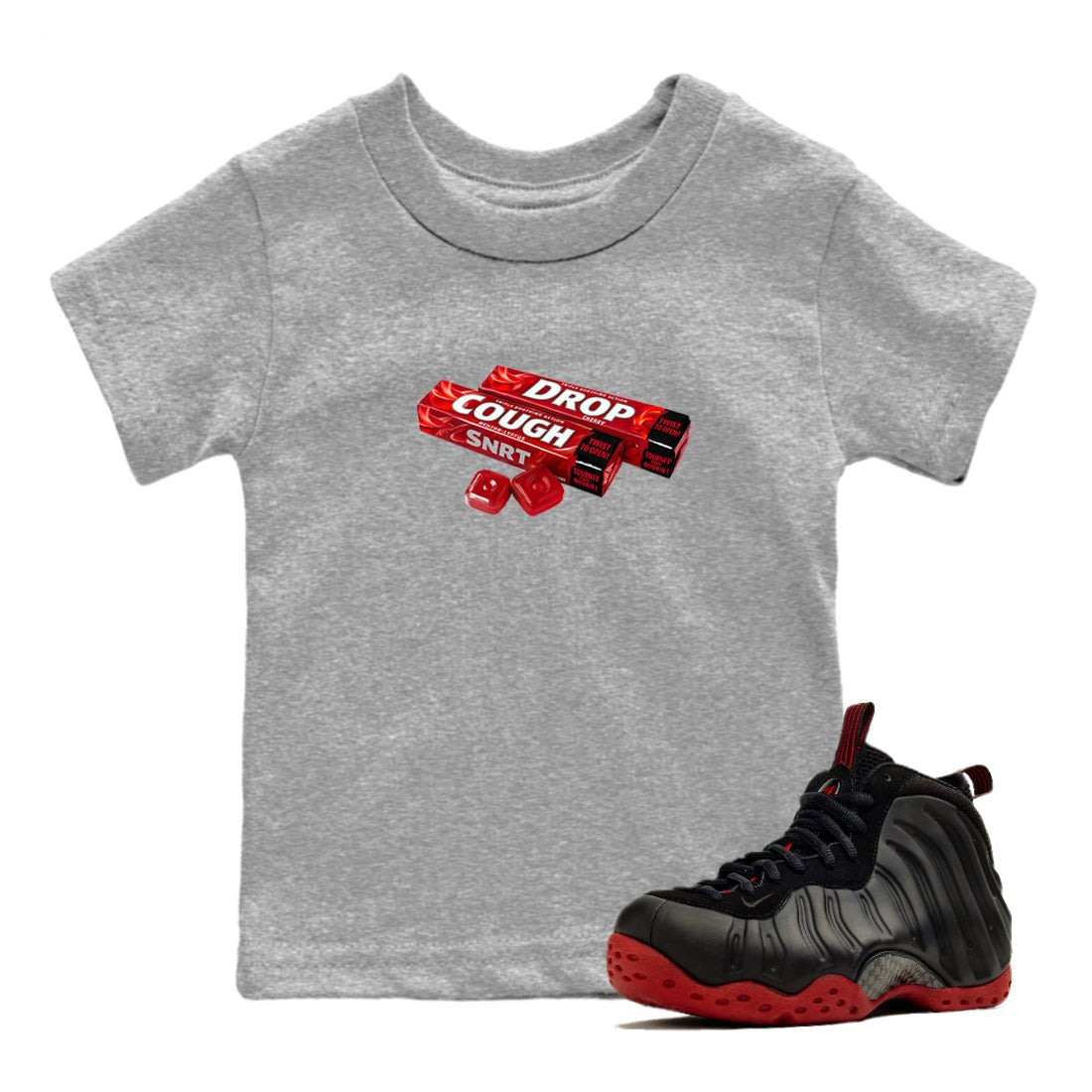 Sneaker match tees – Sneaker Tees To Match Air Foamposite Cough Drop Shoes – Cough Drop Kids T-Shirt Heather Grey 1