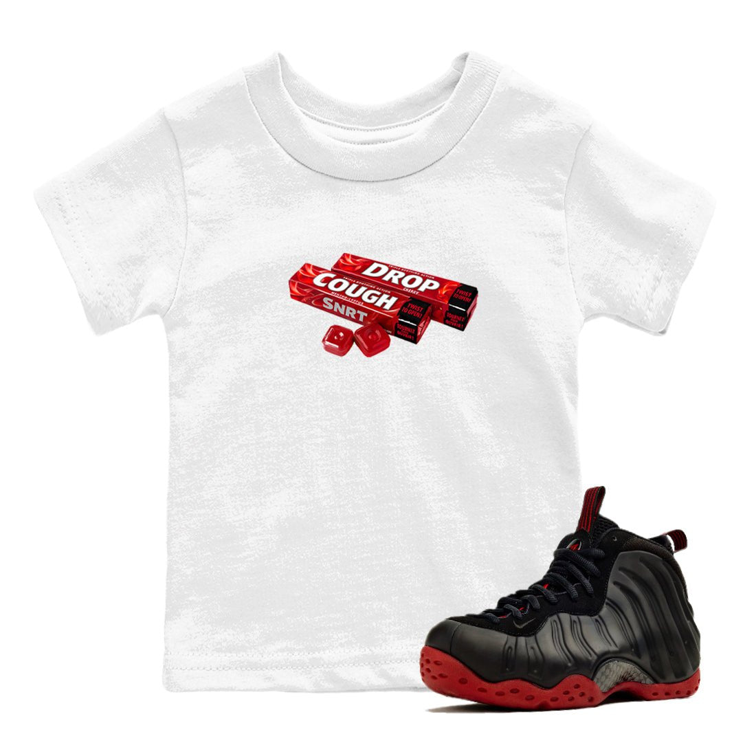 Sneaker match tees – Sneaker Tees To Match Air Foamposite Cough Drop Shoes – Cough Drop Kids T-Shirt White 1