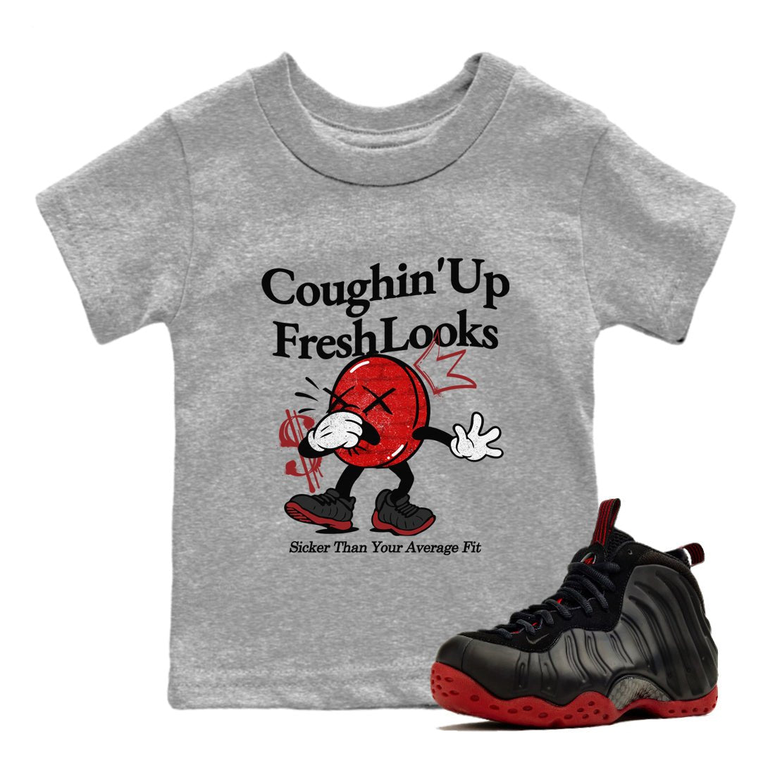 Sneaker match tees – Sneaker Tees To Match Air Foamposite Cough Drop Shoes – Coughin Up Fresh Looks Kids T-Shirt Heather Grey 1