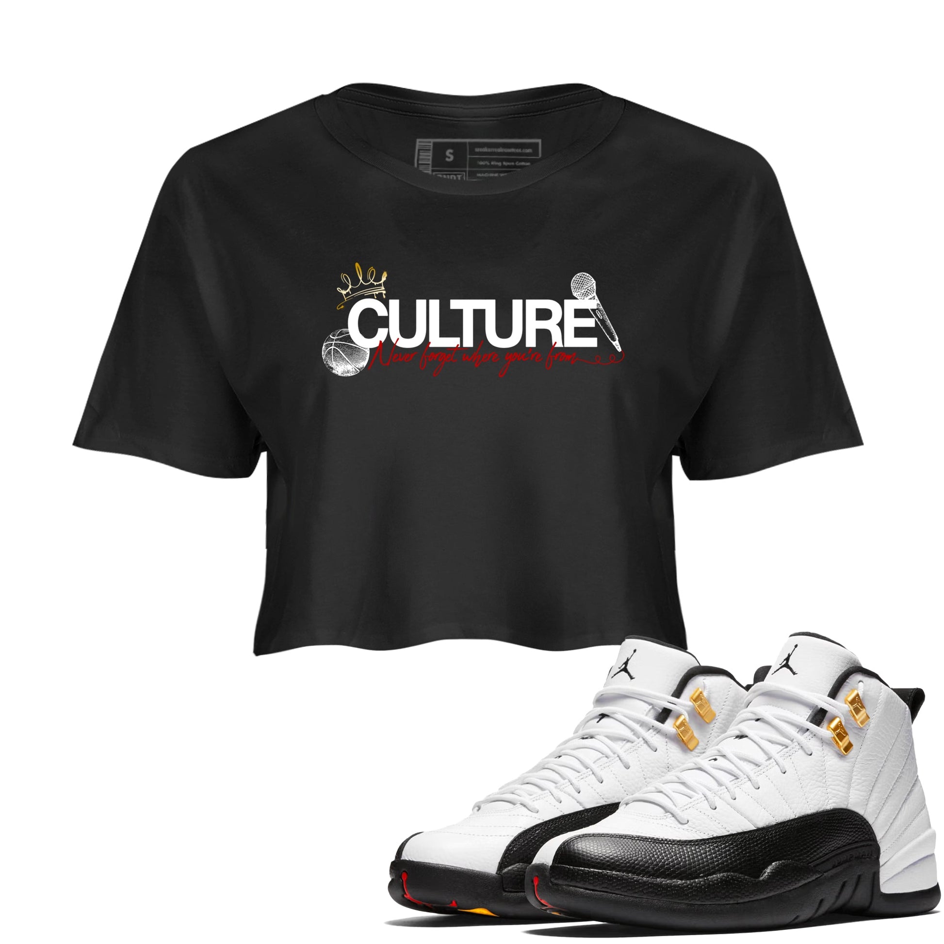 Sneaker match tees – Sneaker Tees To Match Air Jordan 12 Taxi Shoes – Culture Crop T-Shirt Black 1