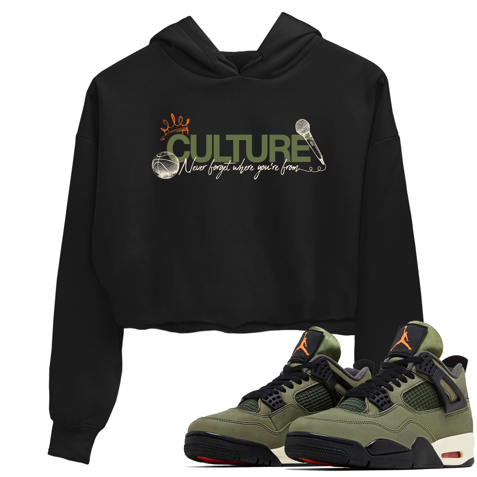Sneaker match tees – Sneaker Tees To Match Undefeated inspired colorways Air Jordan 4 OG Olive Shoes – Culture Crop T-Shirt Black 1