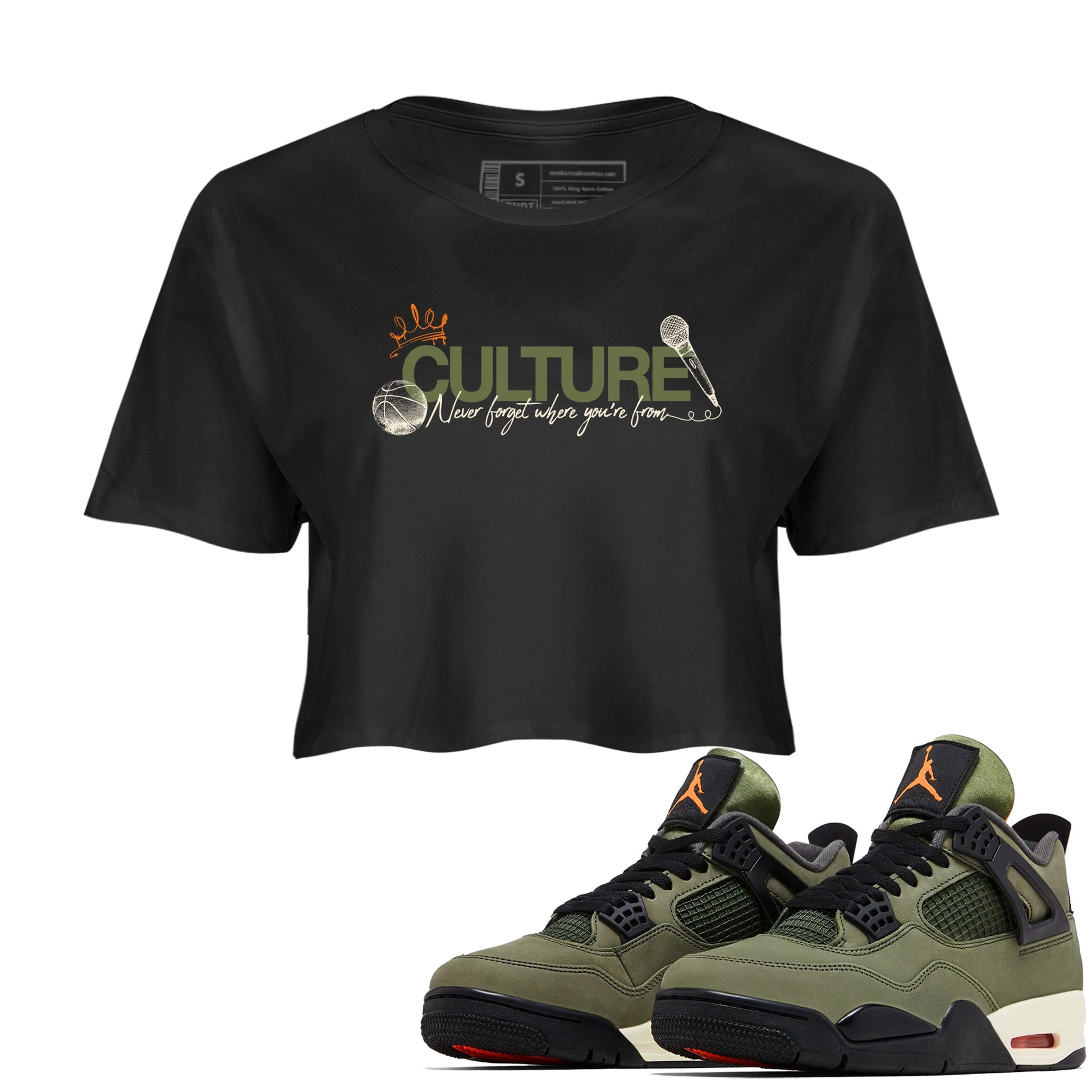 Sneaker match tees – Sneaker Tees To Match Undefeated inspired colorways Air Jordan 4 OG Olive Shoes – Culture Crop T-Shirt Black 1