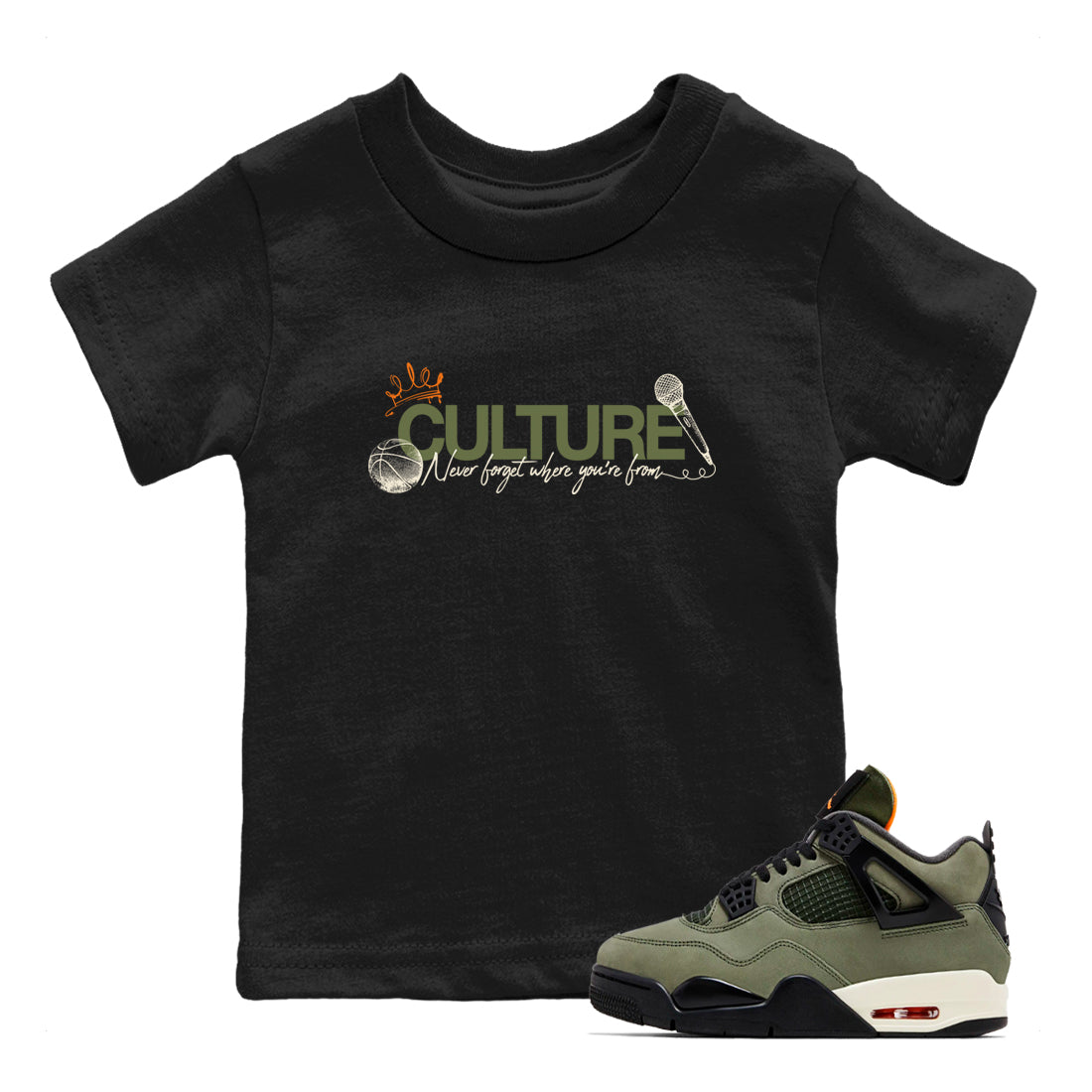 Sneaker match tees – Sneaker Tees To Match Undefeated inspired colorways Air Jordan 4 OG Olive Shoes – Culture Kids T-Shirt Black 1