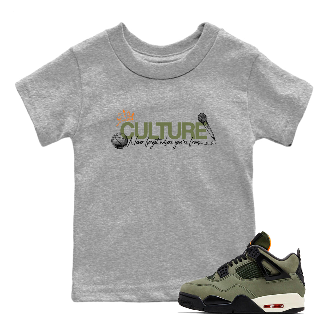 Sneaker match tees – Sneaker Tees To Match Undefeated inspired colorways Air Jordan 4 OG Olive Shoes – Culture Kids T-Shirt Heather Grey 1