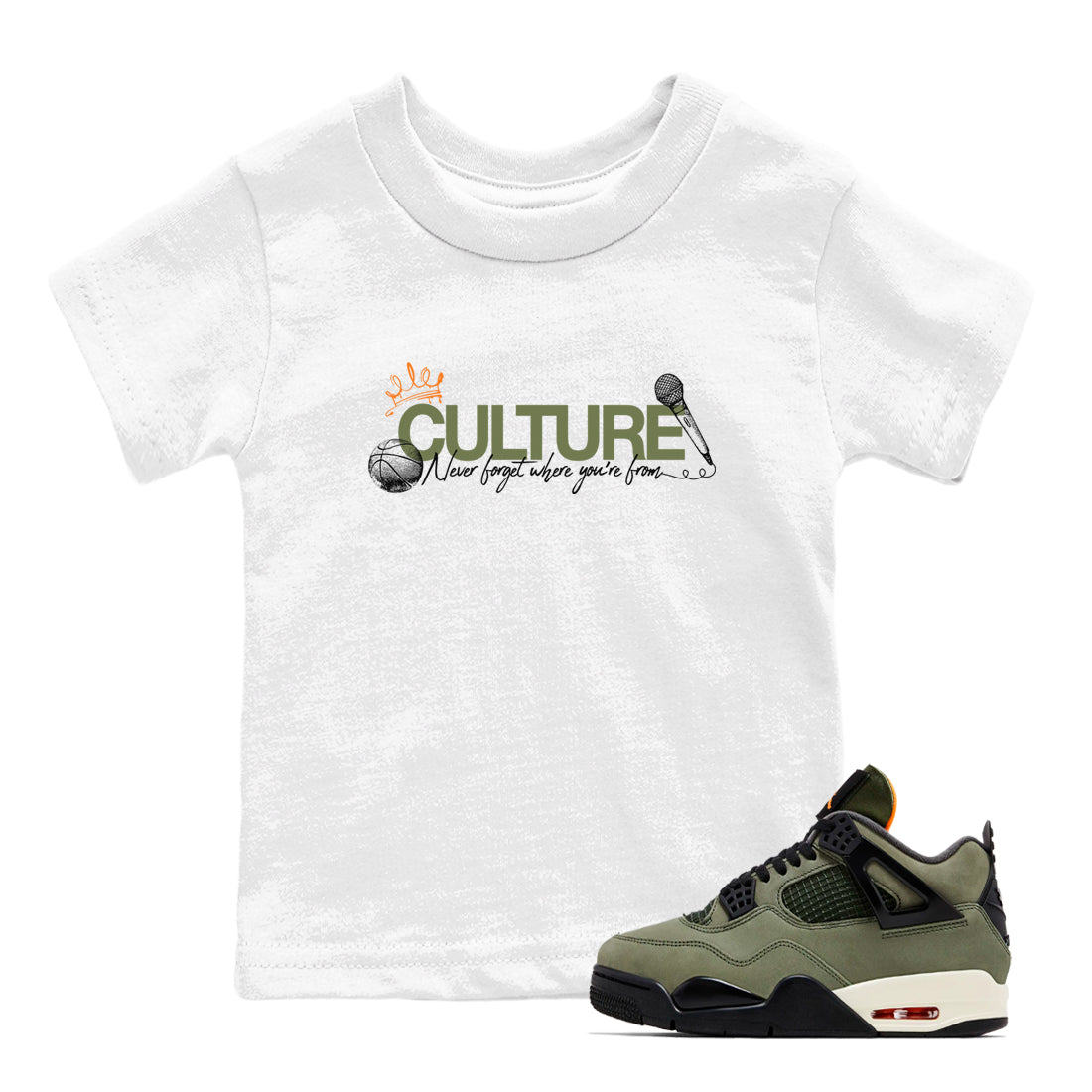 Sneaker match tees – Sneaker Tees To Match Undefeated inspired colorways Air Jordan 4 OG Olive Shoes – Culture Kids T-Shirt White 1