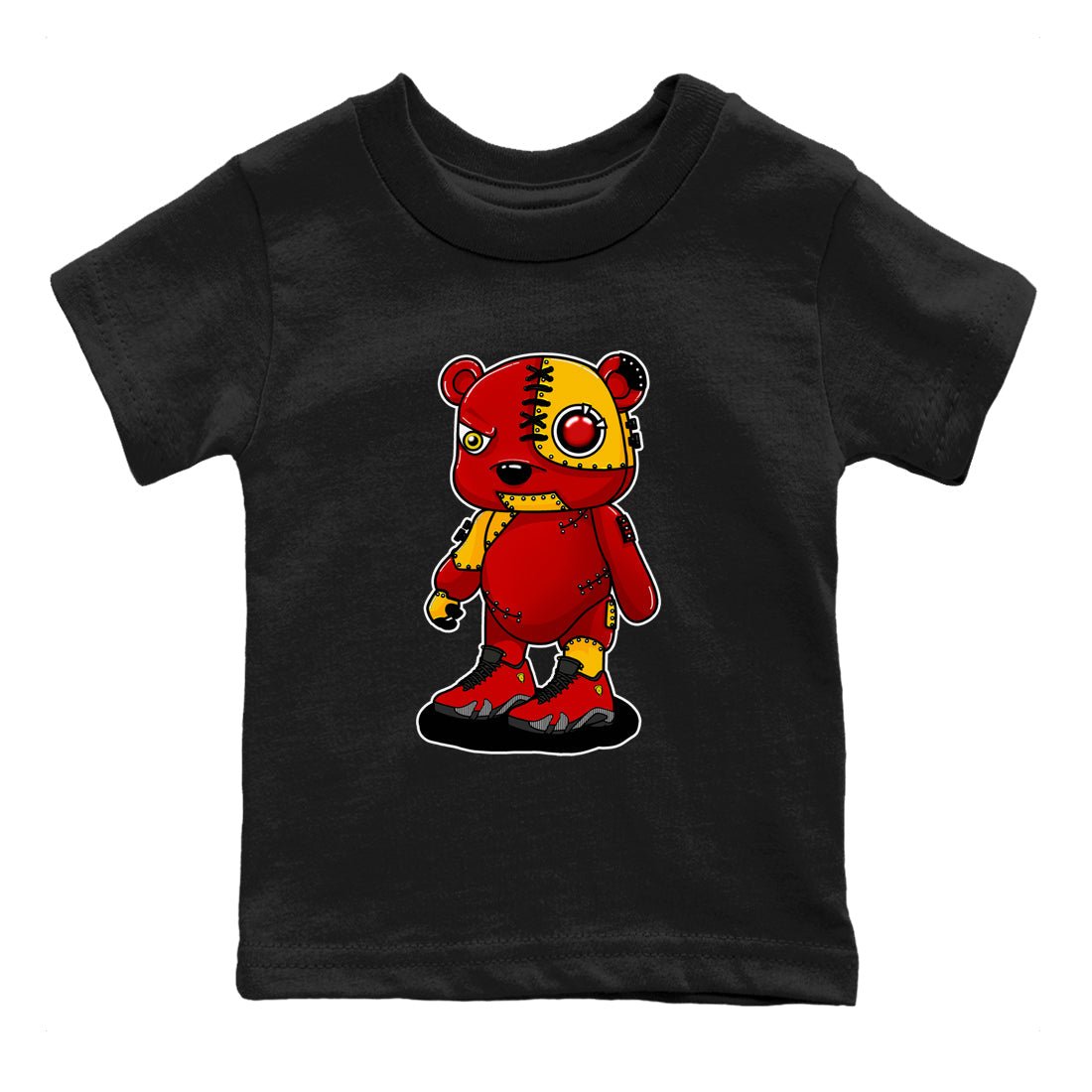 Cyborg Bear baby and kids t-shirt crafted for little sneakerheads to shine with the Air Jordan 14 Challenge Red sneakers, displayed in Black 2.