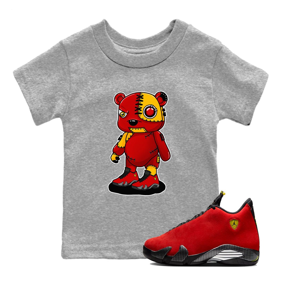 Cyborg Bear baby and kids t-shirt crafted for little sneakerheads to shine with the Air Jordan 14 Challenge Red sneakers, displayed in Heather Grey 1.