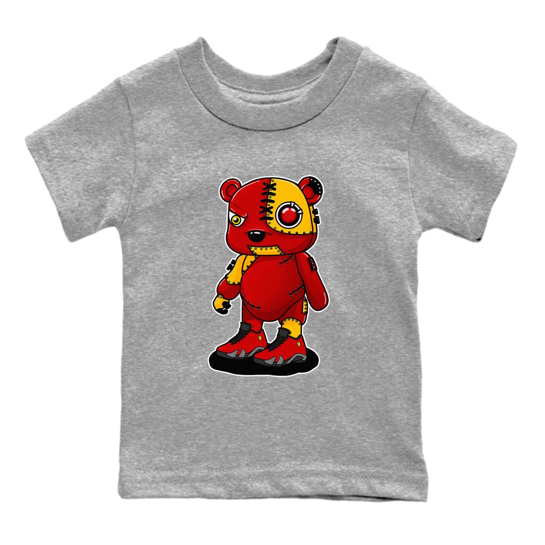 Cyborg Bear baby and kids t-shirt crafted for little sneakerheads to shine with the Air Jordan 14 Challenge Red sneakers, displayed in Heather Grey 2.