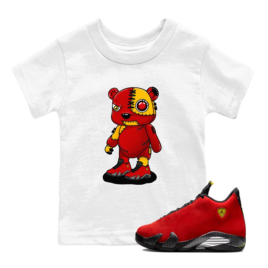 Cyborg Bear baby and kids t-shirt crafted for little sneakerheads to shine with the Air Jordan 14 Challenge Red sneakers, displayed in White 1.