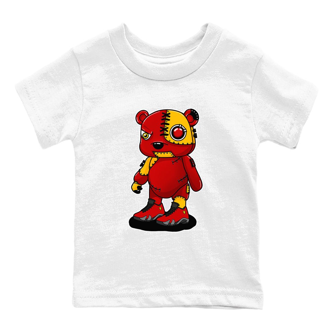 Cyborg Bear baby and kids t-shirt crafted for little sneakerheads to shine with the Air Jordan 14 Challenge Red sneakers, displayed in White 2.