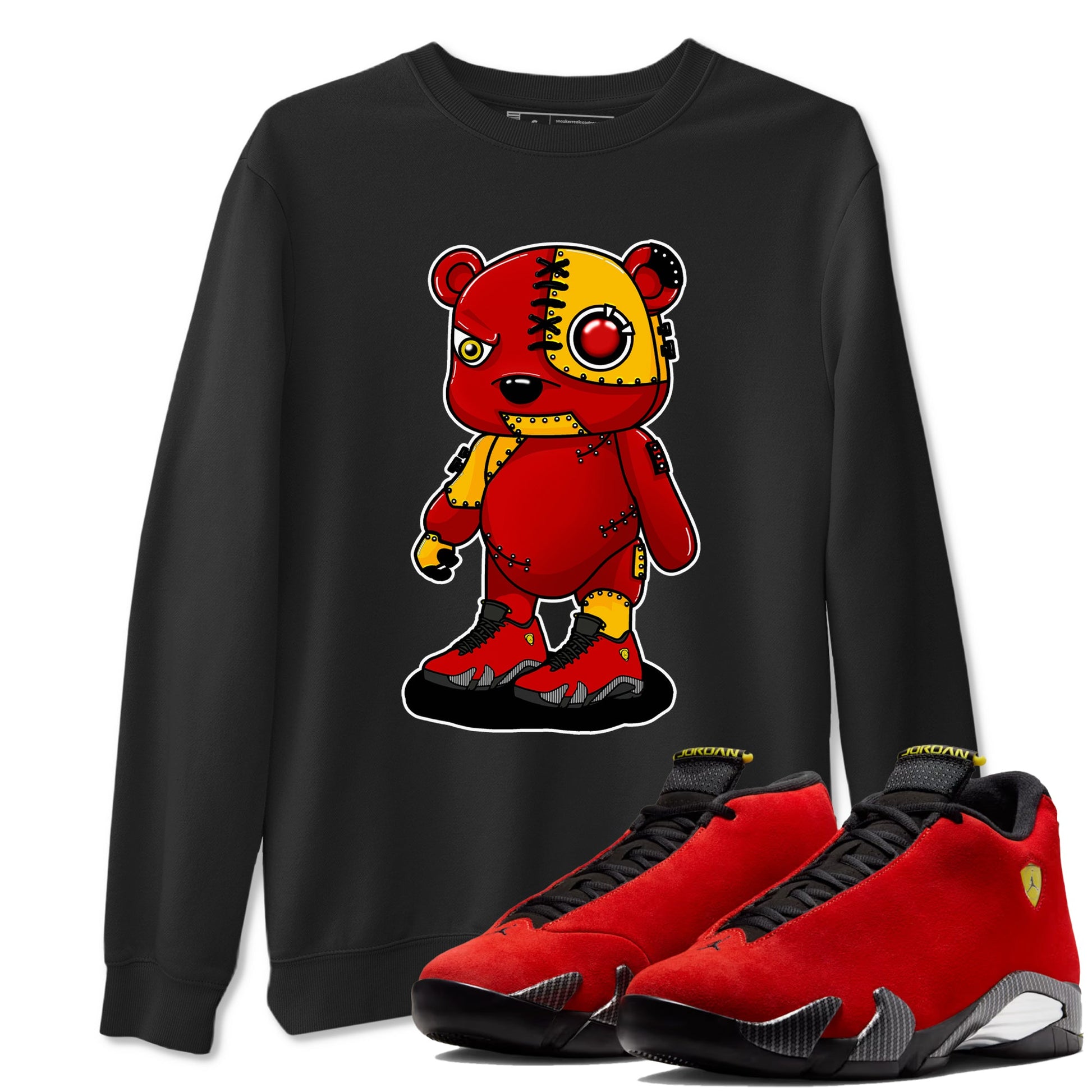 Cyborg Bear sneaker match t-shirt styled to complete your fit with the Air Jordan 14 Challenge Red sneakers, shown in Black 1.