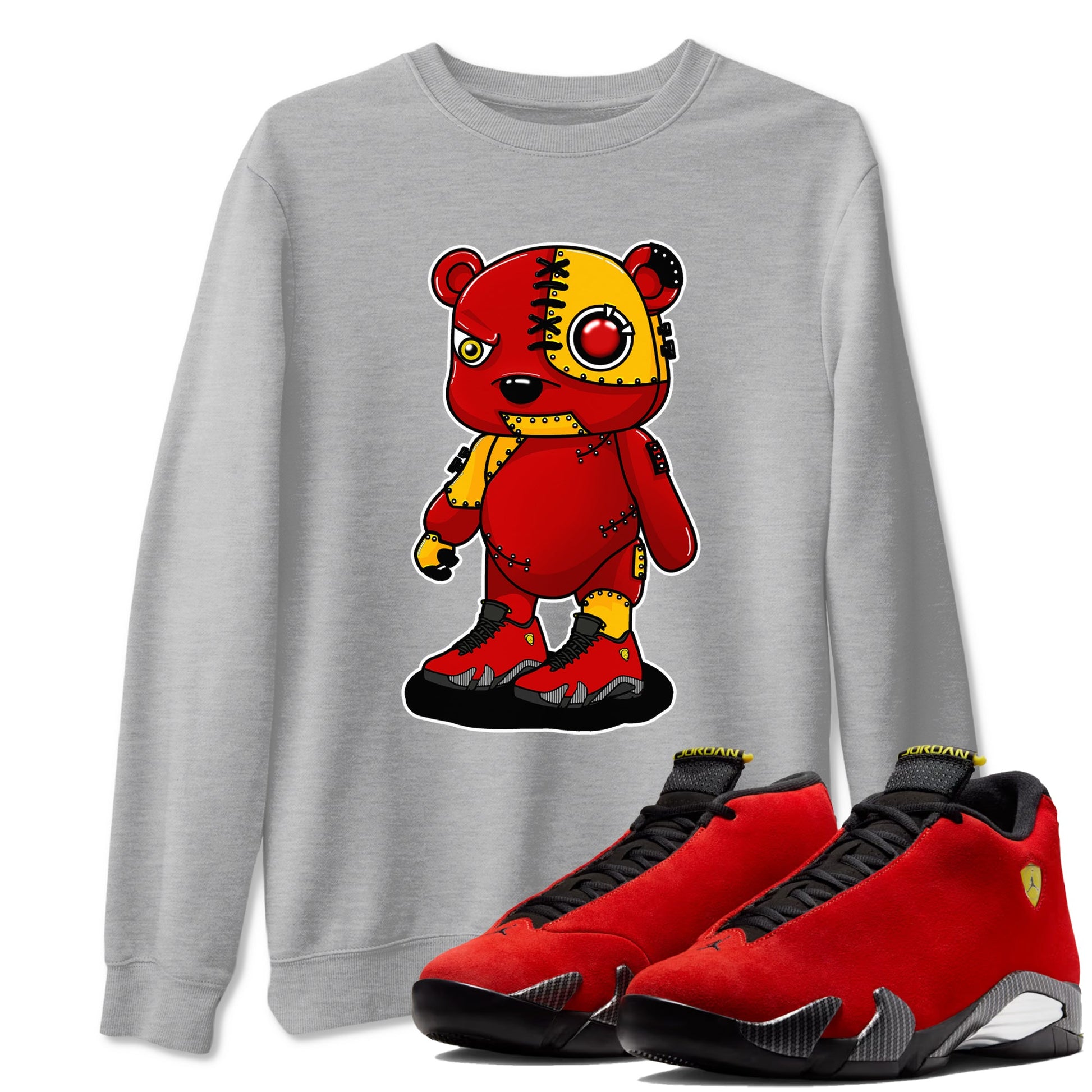 Cyborg Bear sneaker match t-shirt styled to complete your fit with the Air Jordan 14 Challenge Red sneakers, shown in Heather Grey 1.