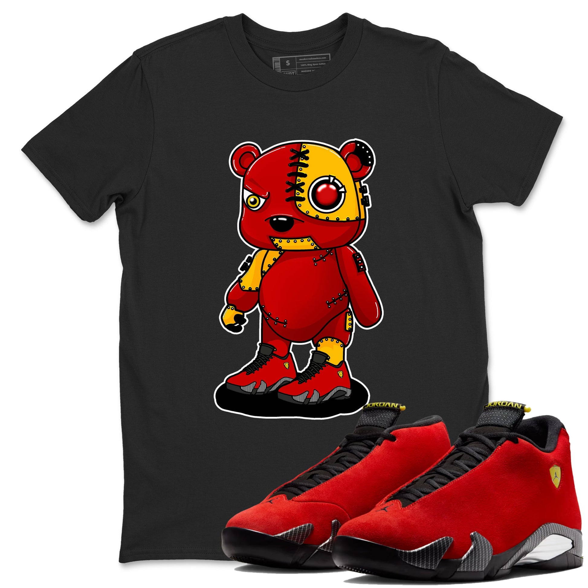 Cyborg Bear sneaker match t-shirt styled to complete your fit with the Air Jordan 14 Challenge Red sneakers, shown in Black 1.