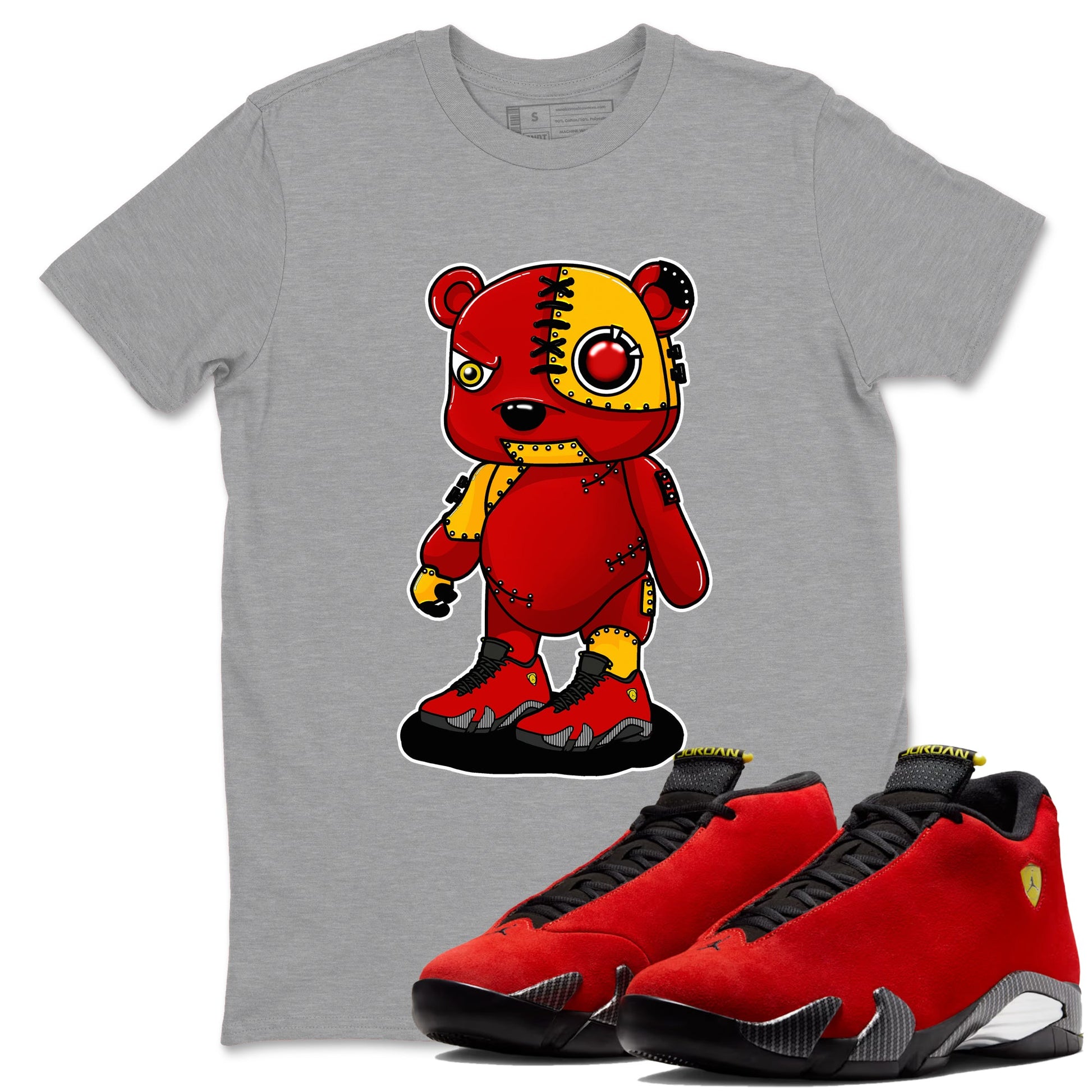 Cyborg Bear sneaker match t-shirt styled to complete your fit with the Air Jordan 14 Challenge Red sneakers, shown in Heather Grey 1.