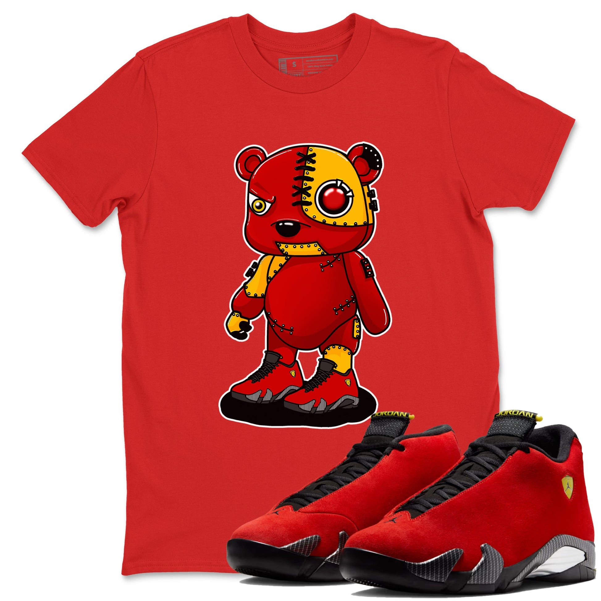 Cyborg Bear sneaker match t-shirt styled to complete your fit with the Air Jordan 14 Challenge Red sneakers, shown in Red 1.