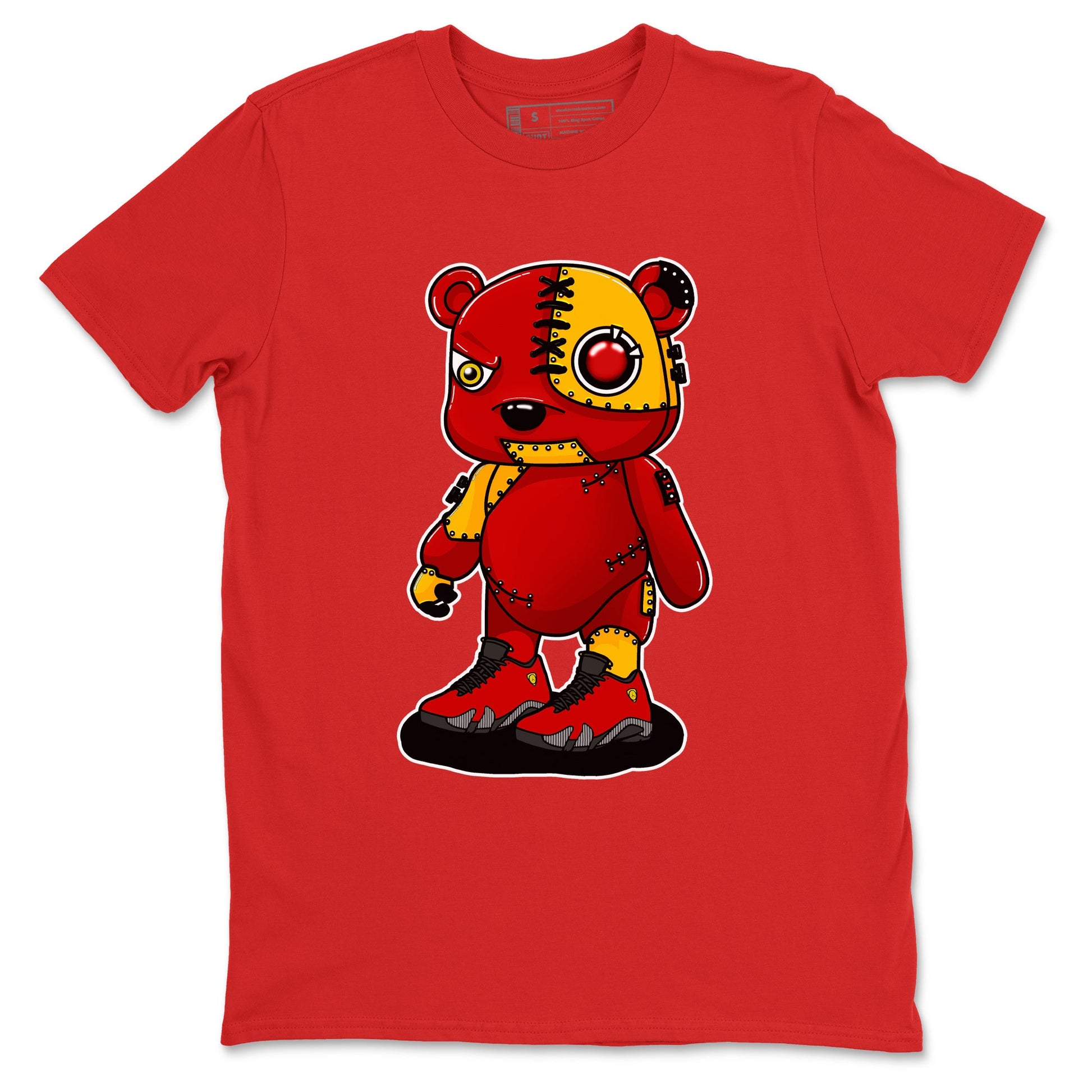 Cyborg Bear sneaker match t-shirt styled to complete your fit with the Air Jordan 14 Challenge Red sneakers, shown in Red 2.