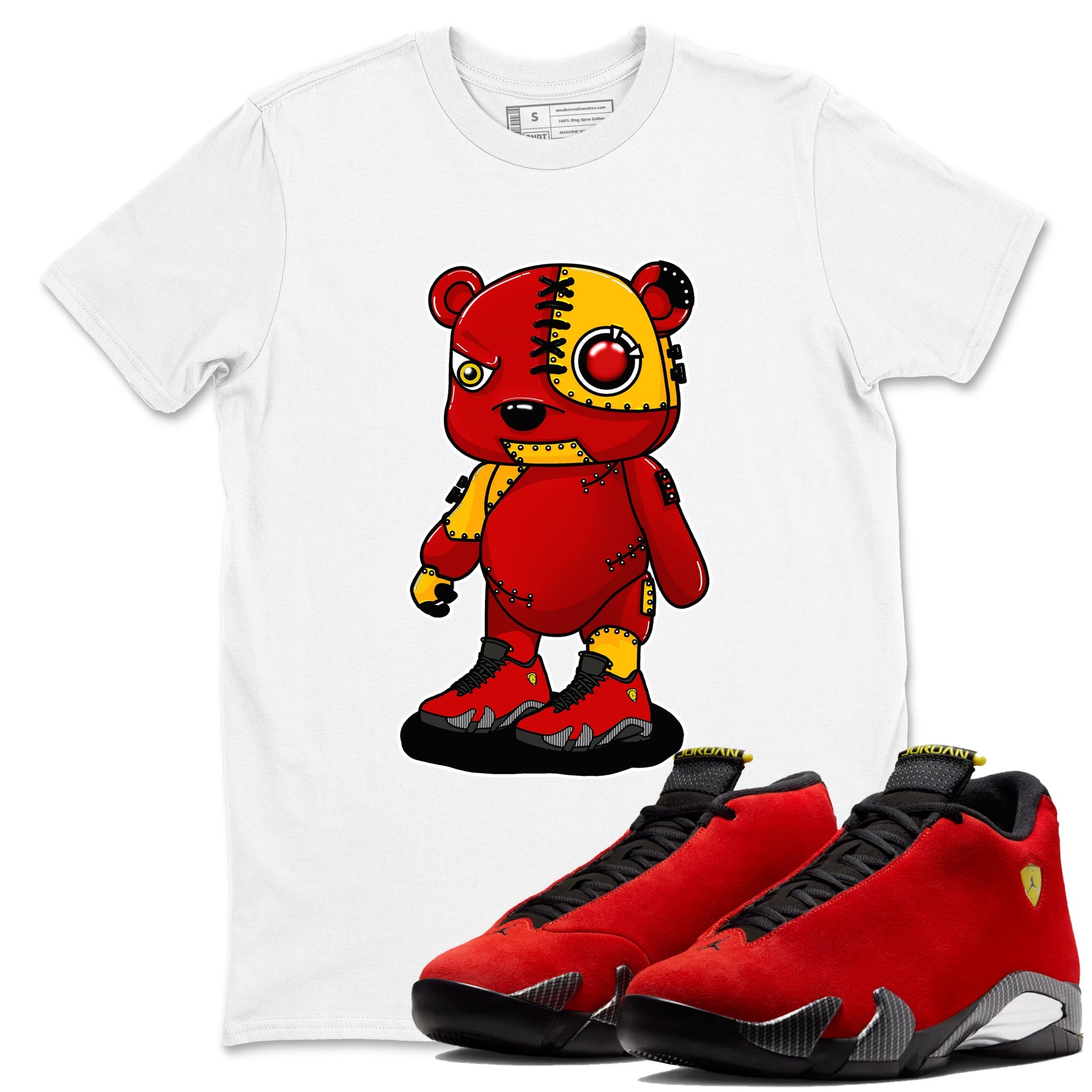 Cyborg Bear sneaker match t-shirt styled to complete your fit with the Air Jordan 14 Challenge Red sneakers, shown in White 1.