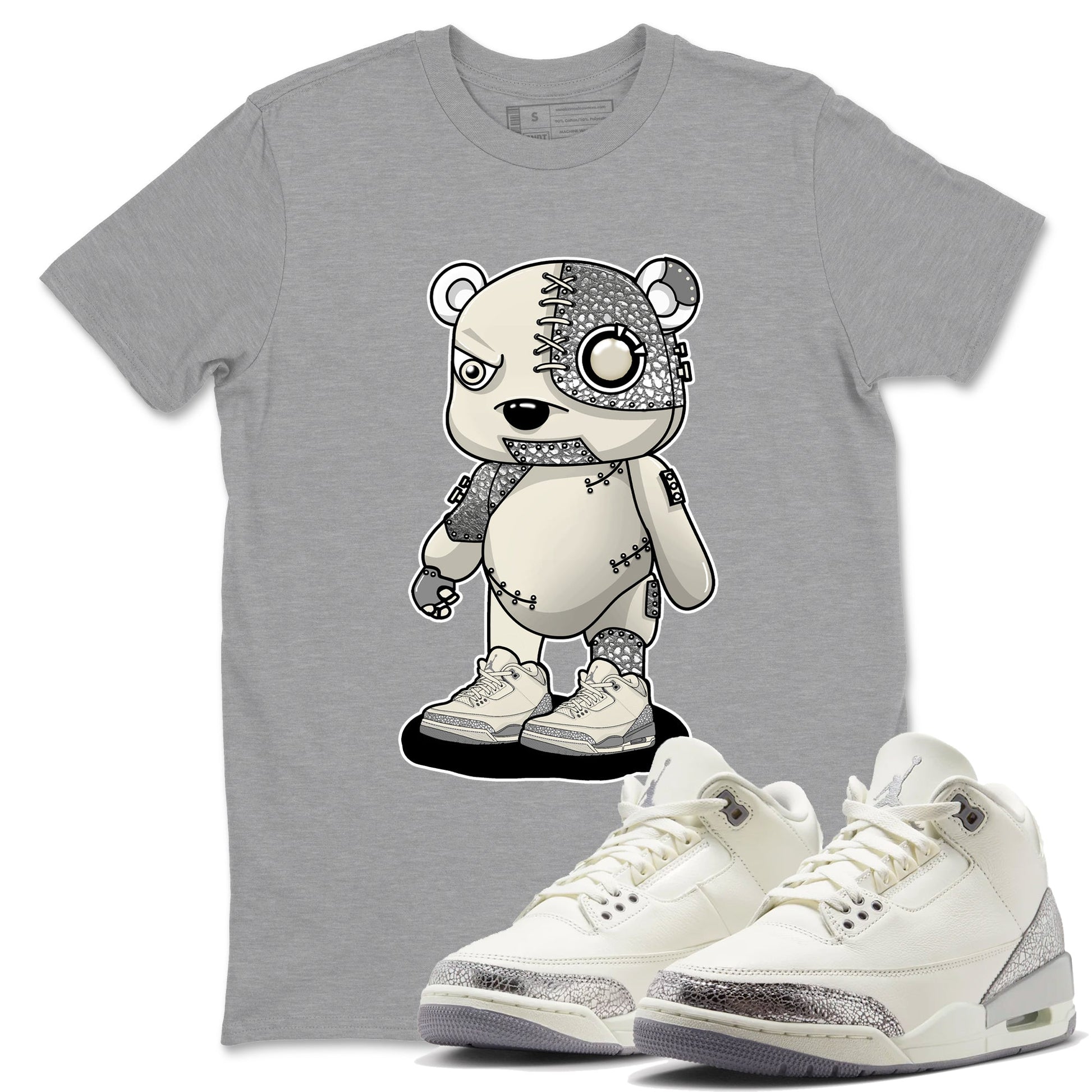 3s WMNS Sail and Cement Grey shirts to match jordans Cyborg Bear graphic tees Air Jordan 3 Sail and Cement Grey match shoes to clothes SNRT Sneaker Tees unisex cotton Heather Grey 1 shirts