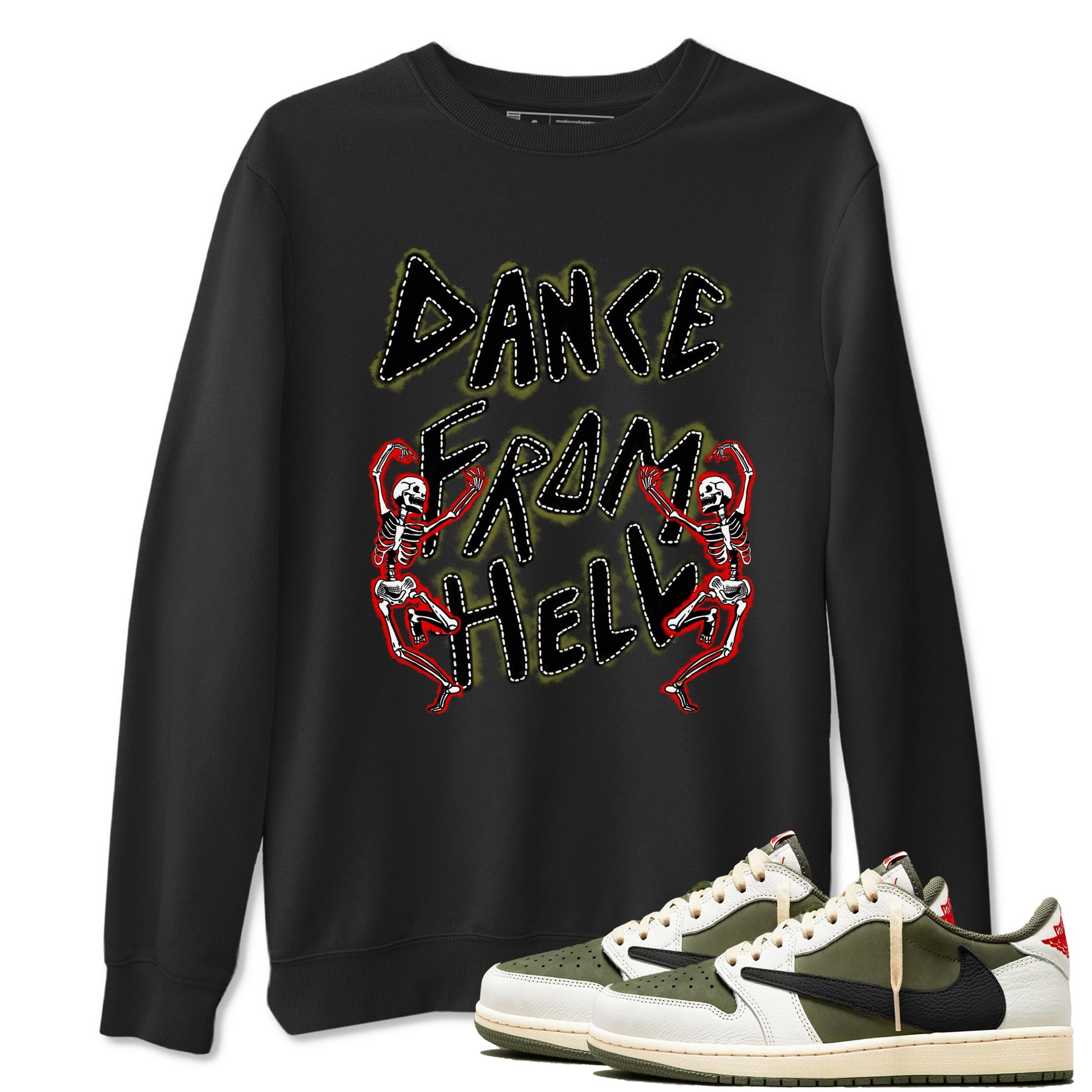 1s Travis Scott Medium Olive shirts to match jordans Dance From Hell unique Halloween sneaker tee Air Jordan 1 Travis Scott Medium Olive match shoes to clothes SNRT Sneaker Tees unisex cotton Black 1 shirts