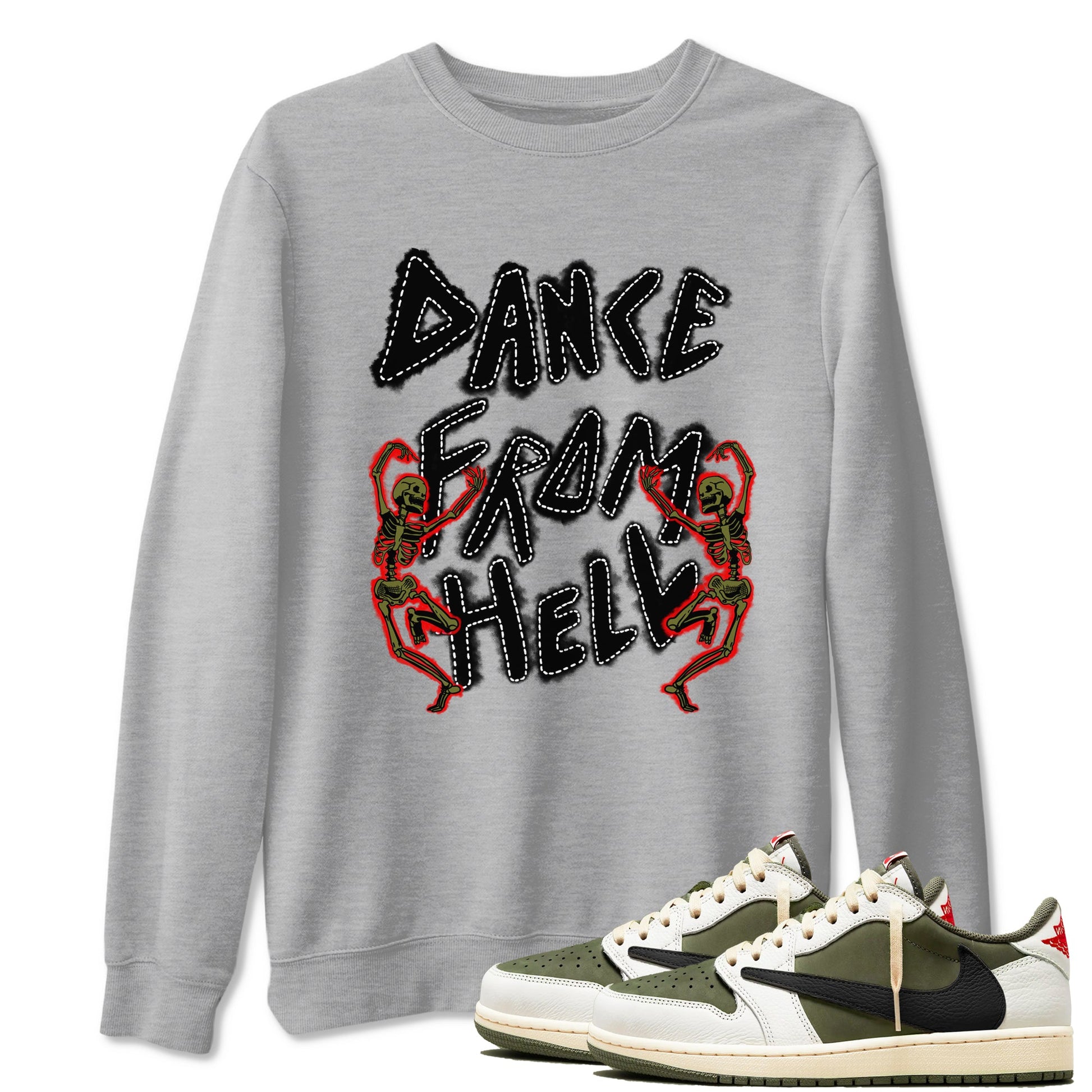 1s Travis Scott Medium Olive shirts to match jordans Dance From Hell unique Halloween sneaker tee Air Jordan 1 Travis Scott Medium Olive match shoes to clothes SNRT Sneaker Tees unisex cotton Heather Grey 1 shirts