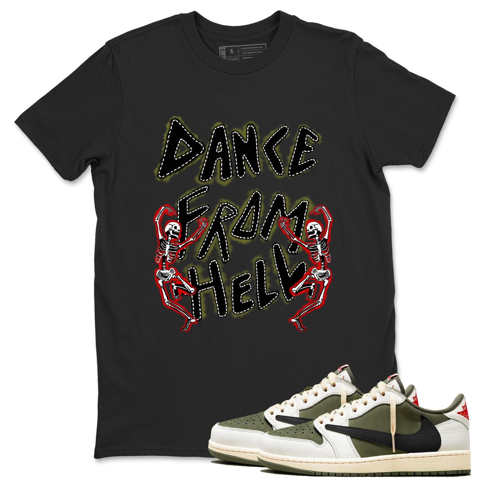 1s Travis Scott Medium Olive shirts to match jordans Dance From Hell unique Halloween sneaker tee Air Jordan 1 Travis Scott Medium Olive match shoes to clothes SNRT Sneaker Tees unisex cotton Black 1 shirts