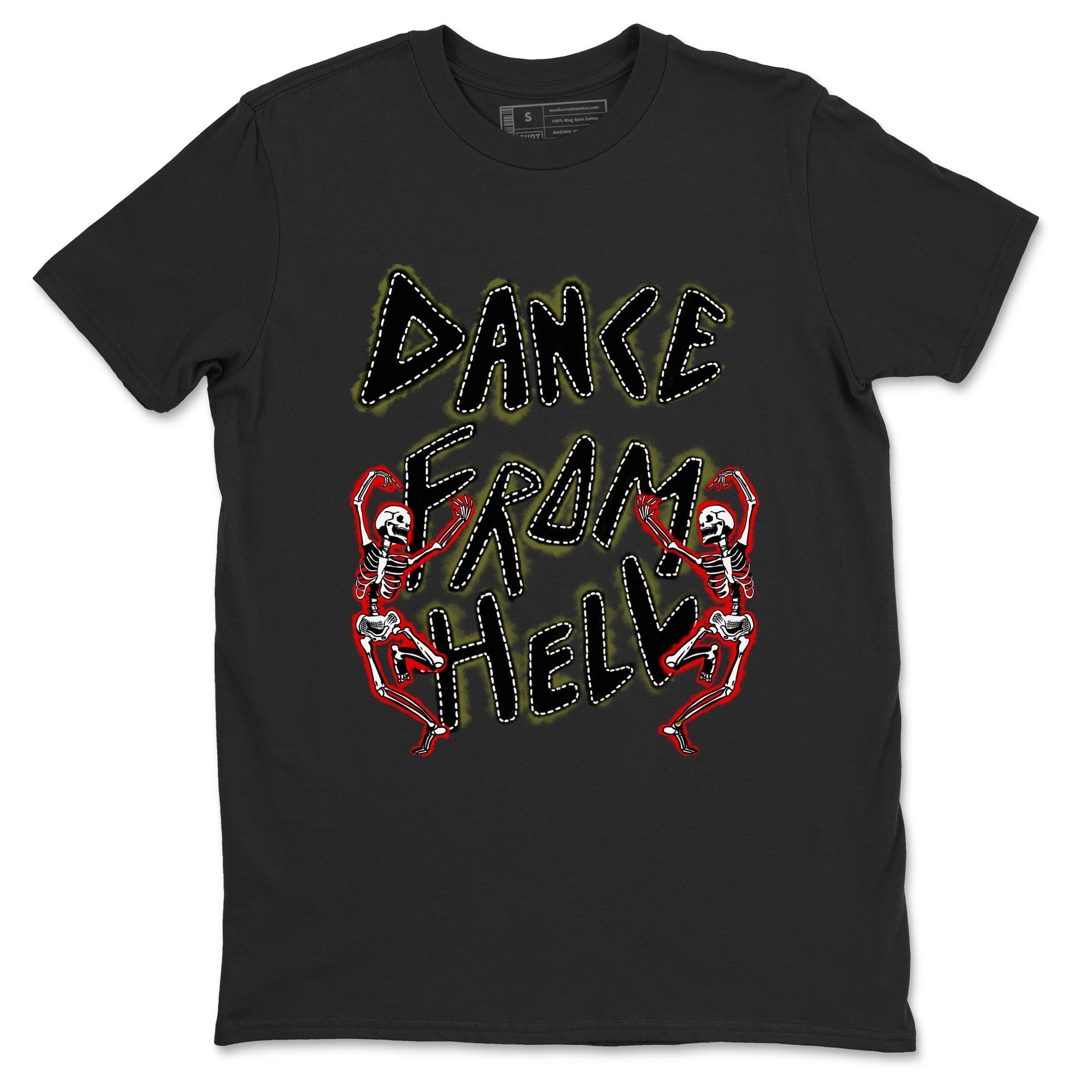 1s Travis Scott Medium Olive shirts to match jordans Dance From Hell unique Halloween sneaker tee Air Jordan 1 Travis Scott Medium Olive match shoes to clothes SNRT Sneaker Tees unisex cotton Black 2 shirts
