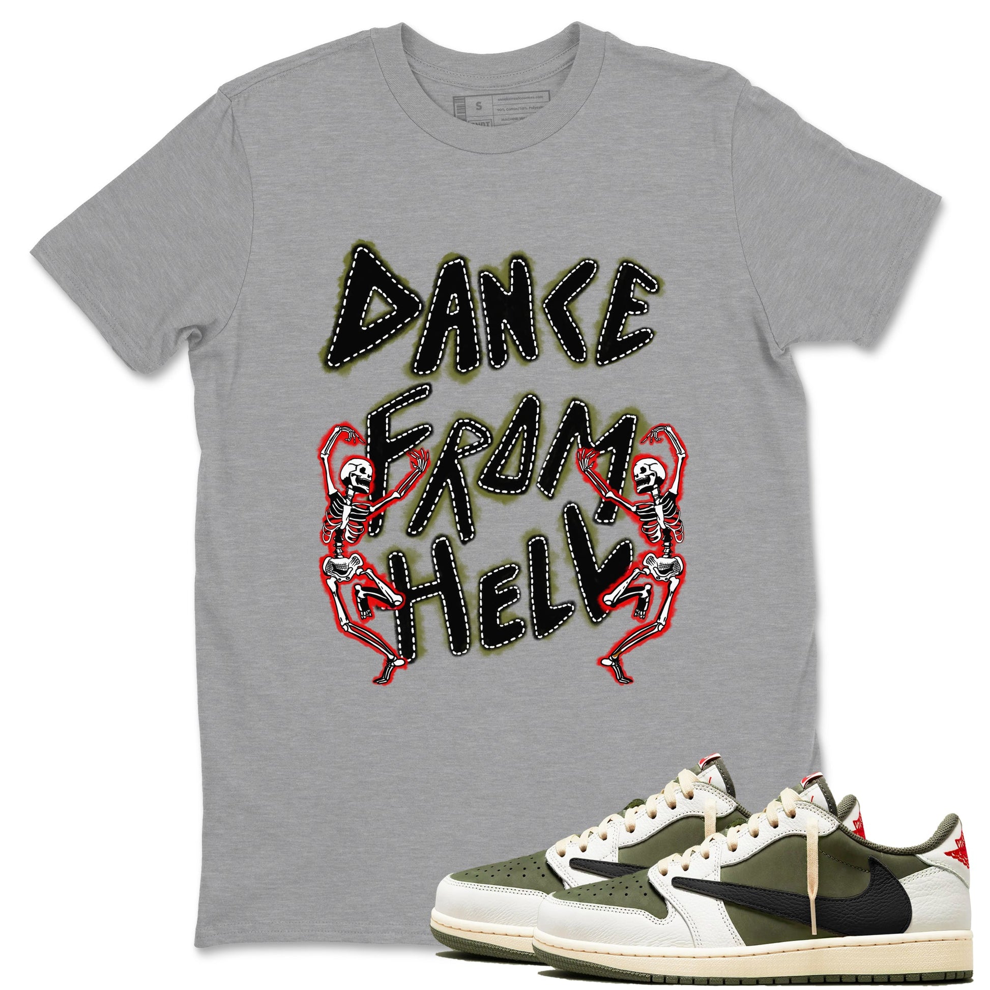 1s Travis Scott Medium Olive shirts to match jordans Dance From Hell unique Halloween sneaker tee Air Jordan 1 Travis Scott Medium Olive match shoes to clothes SNRT Sneaker Tees unisex cotton Heather Grey 1 shirts