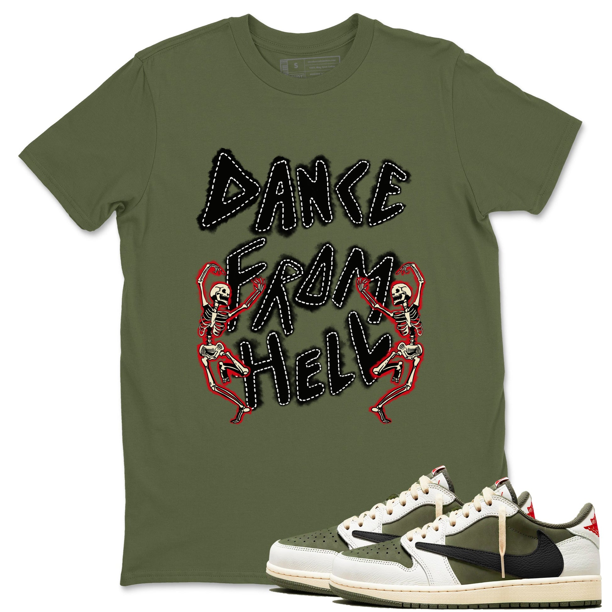 1s Travis Scott Medium Olive shirts to match jordans Dance From Hell unique Halloween sneaker tee Air Jordan 1 Travis Scott Medium Olive match shoes to clothes SNRT Sneaker Tees unisex cotton Military Green 1 shirts