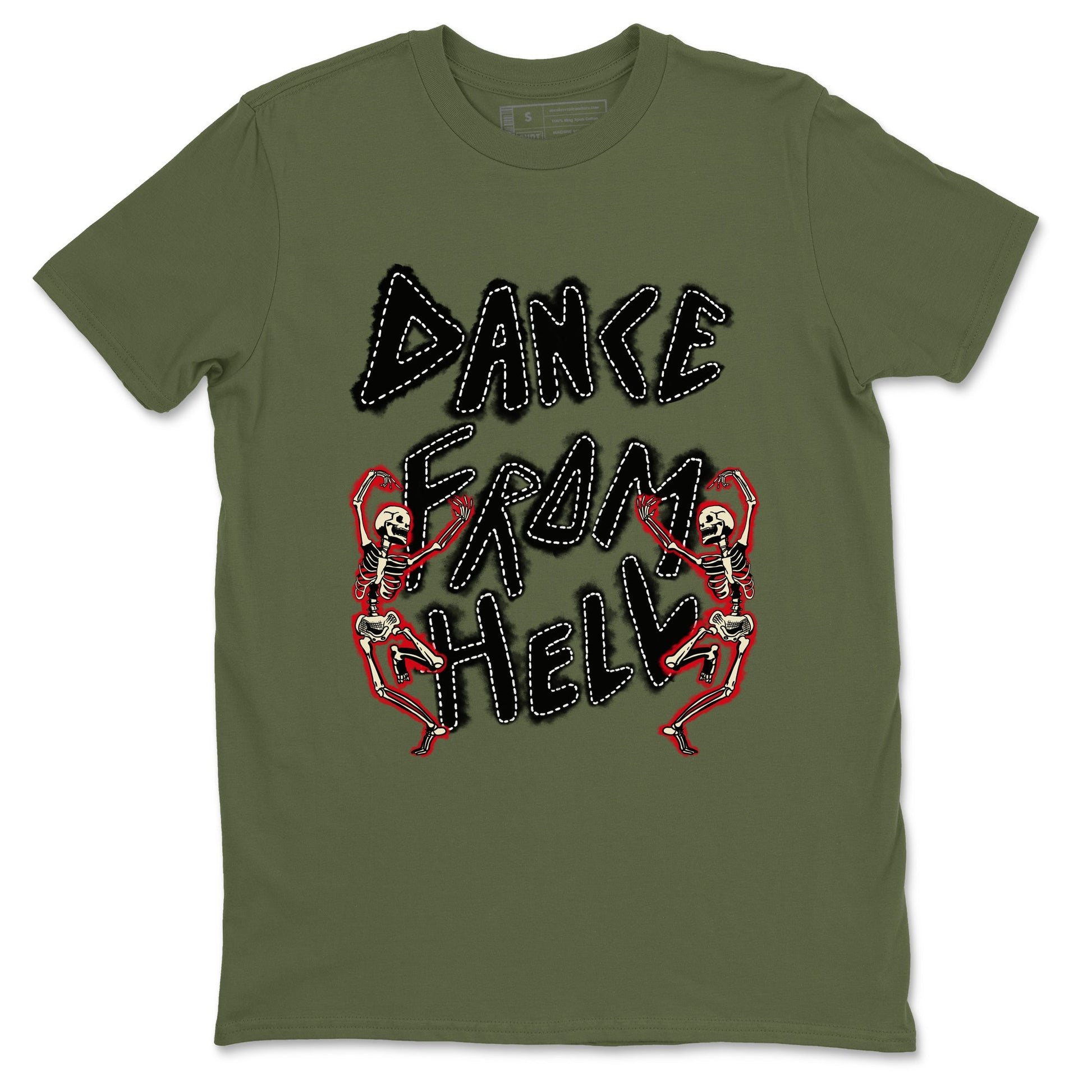 1s Travis Scott Medium Olive shirts to match jordans Dance From Hell unique Halloween sneaker tee Air Jordan 1 Travis Scott Medium Olive match shoes to clothes SNRT Sneaker Tees unisex cotton Military Green 2 shirts