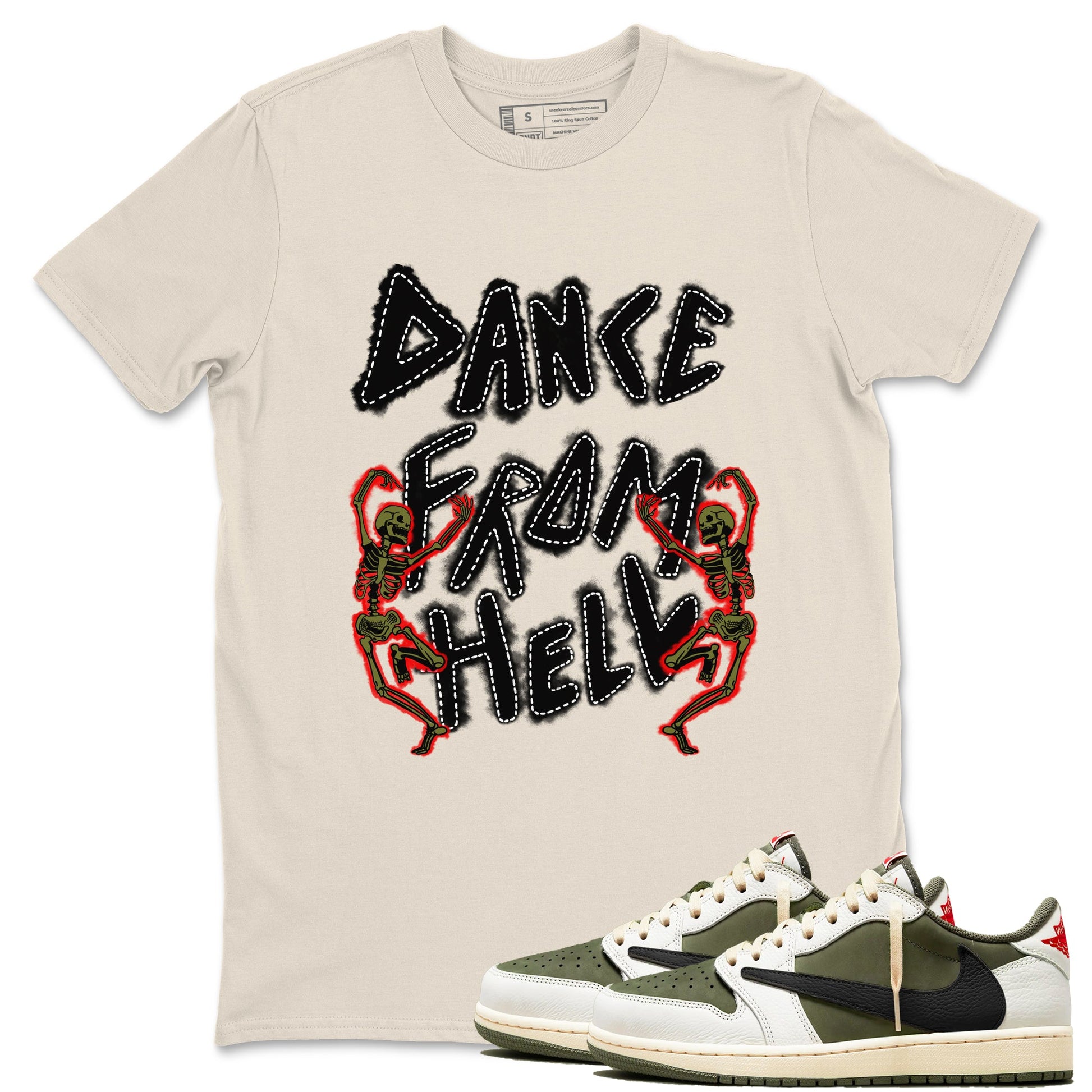 1s Travis Scott Medium Olive shirts to match jordans Dance From Hell unique Halloween sneaker tee Air Jordan 1 Travis Scott Medium Olive match shoes to clothes SNRT Sneaker Tees unisex cotton Natural 1 shirts