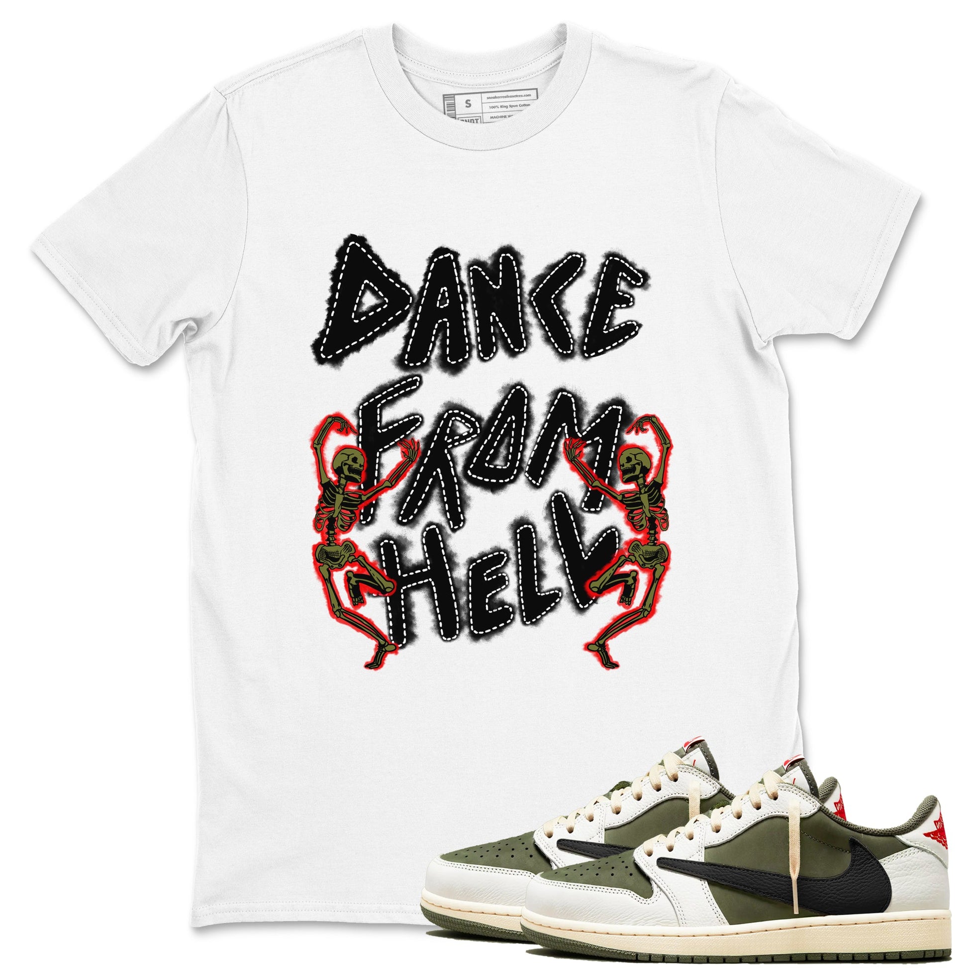 1s Travis Scott Medium Olive shirts to match jordans Dance From Hell unique Halloween sneaker tee Air Jordan 1 Travis Scott Medium Olive match shoes to clothes SNRT Sneaker Tees unisex cotton White 1 shirts