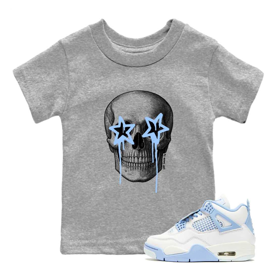 Death Star baby and kids t-shirt crafted for little sneakerheads to shine with the Air Jordan 4 Aluminum sneakers, displayed in Heather Grey 1.