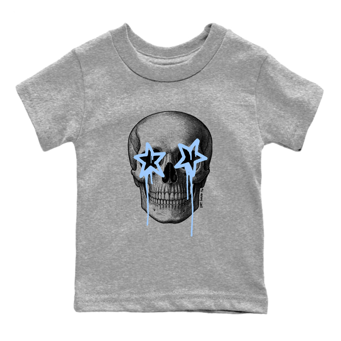 Death Star baby and kids t-shirt crafted for little sneakerheads to shine with the Air Jordan 4 Aluminum sneakers, displayed in Heather Grey 2.