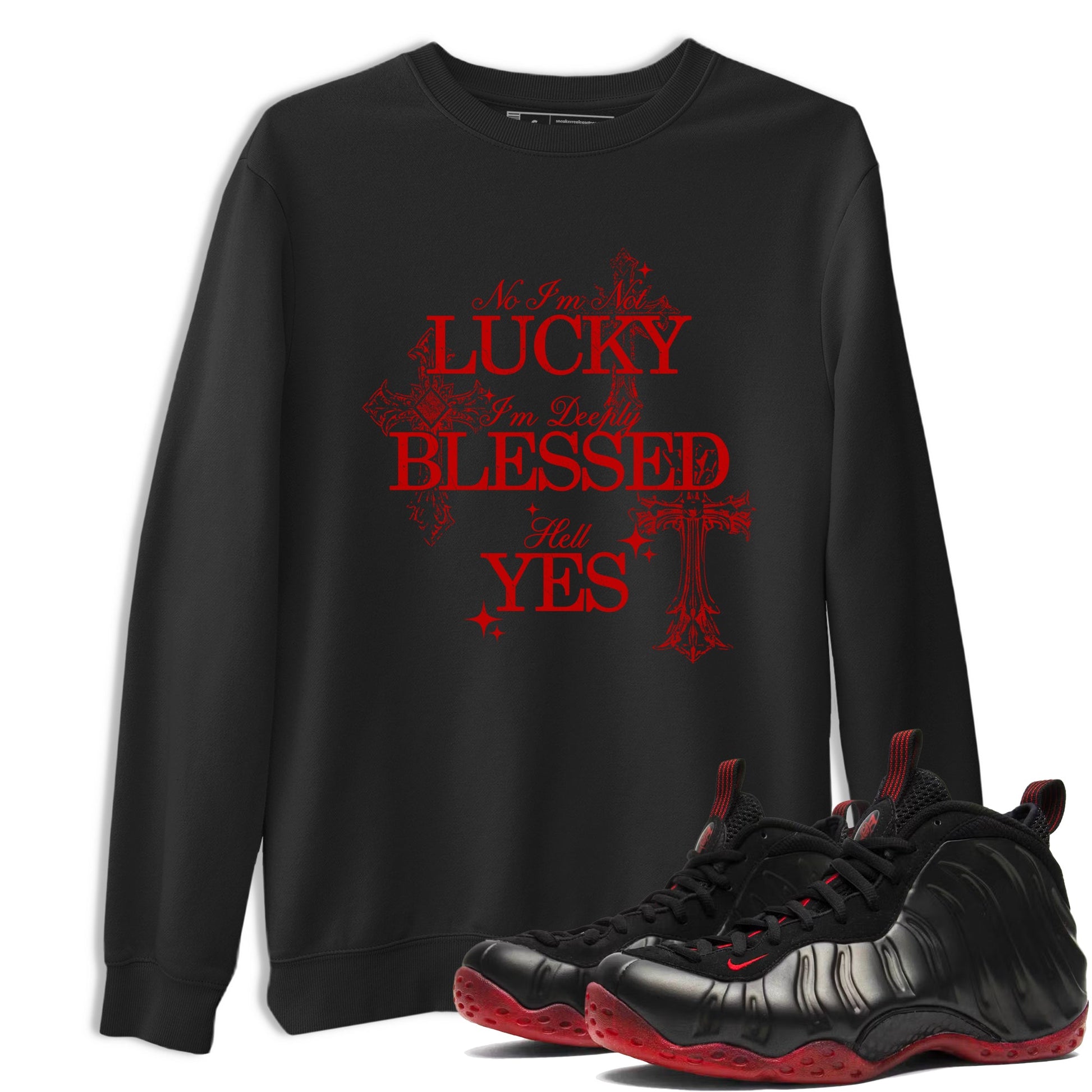 Deeply Blessed sneaker match t-shirt styled to complete your fit with the Air Foamposite Cough Drop sneakers, shown in Black 1.