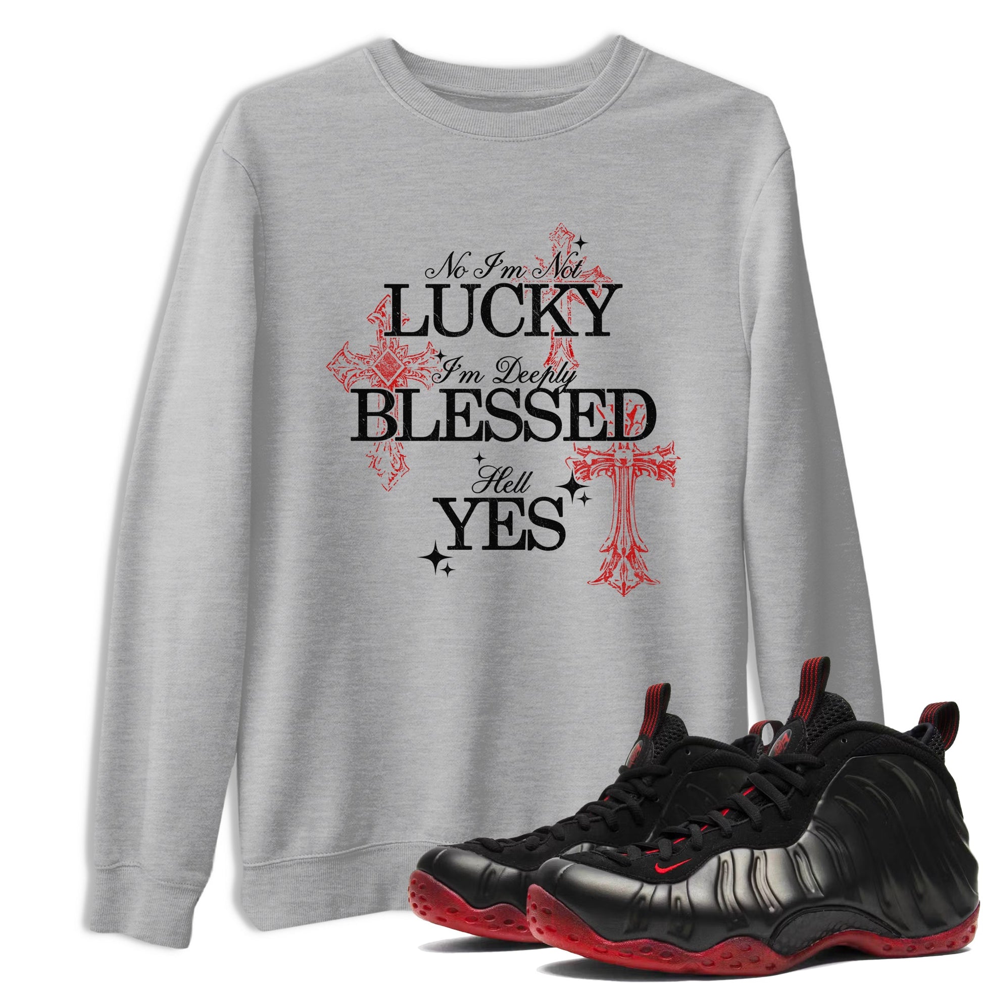 Deeply Blessed sneaker match t-shirt styled to complete your fit with the Air Foamposite Cough Drop sneakers, shown in Heather Grey 1.