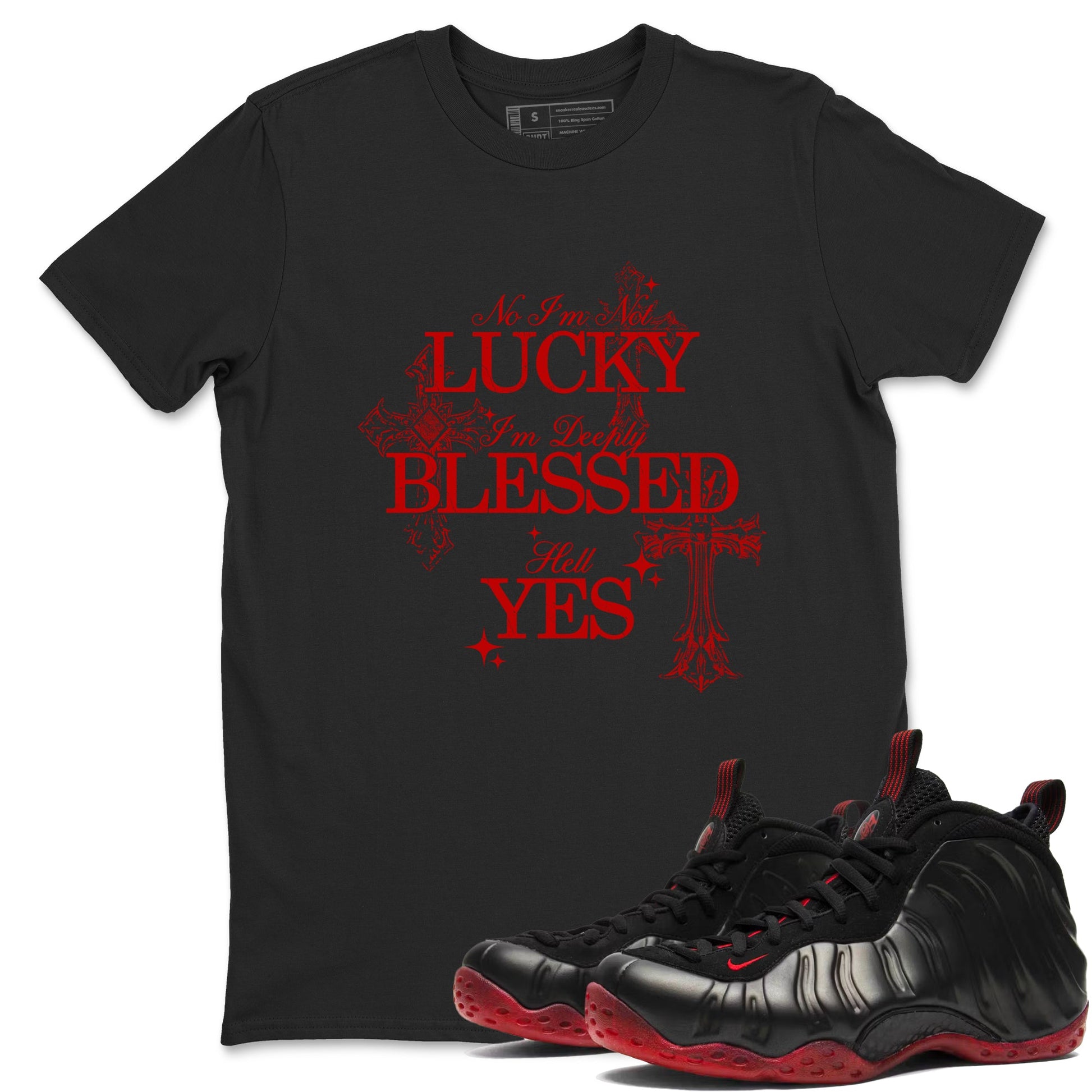 Deeply Blessed sneaker match t-shirt styled to complete your fit with the Air Foamposite Cough Drop sneakers, shown in Black 1.
