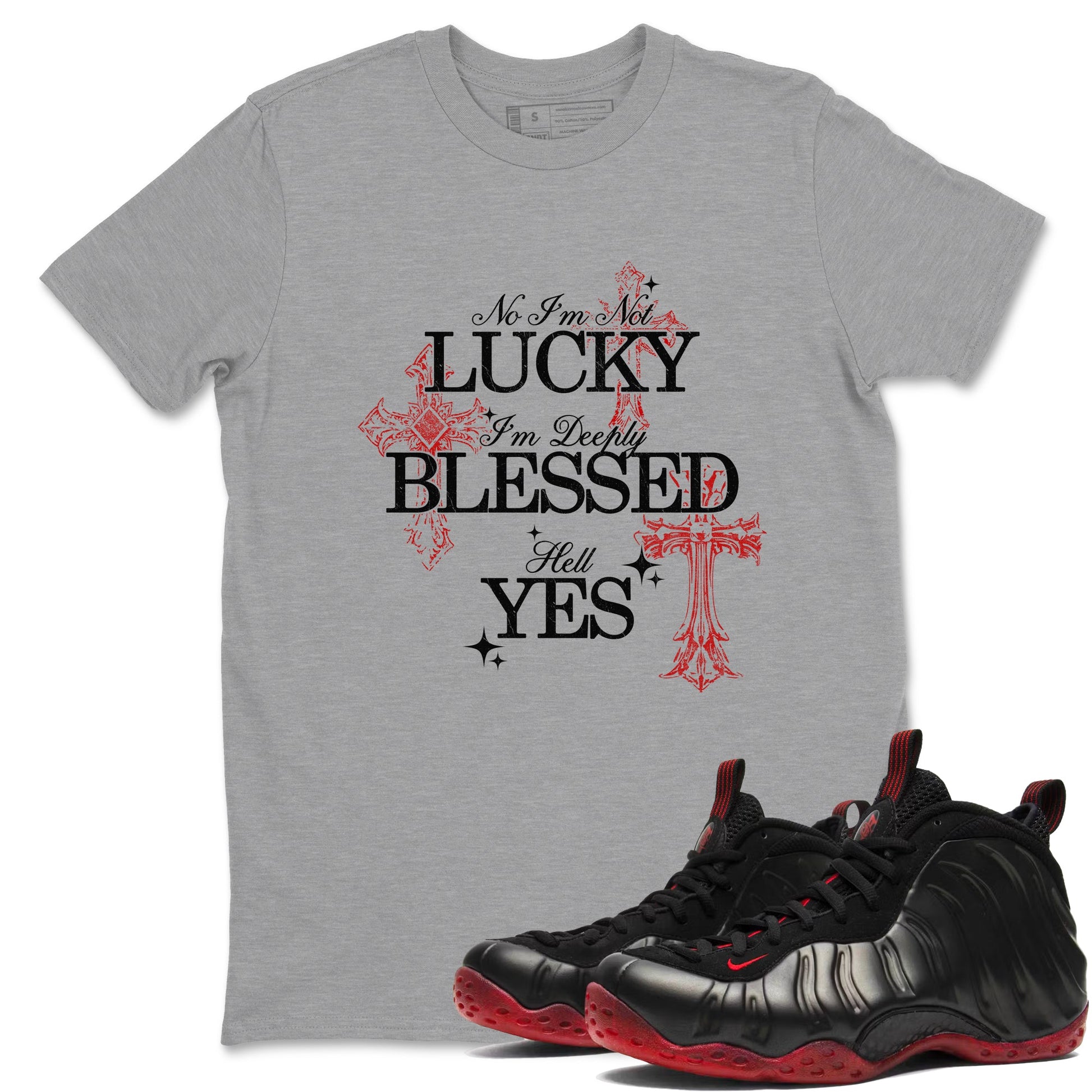 Deeply Blessed sneaker match t-shirt styled to complete your fit with the Air Foamposite Cough Drop sneakers, shown in Heather Grey 1.
