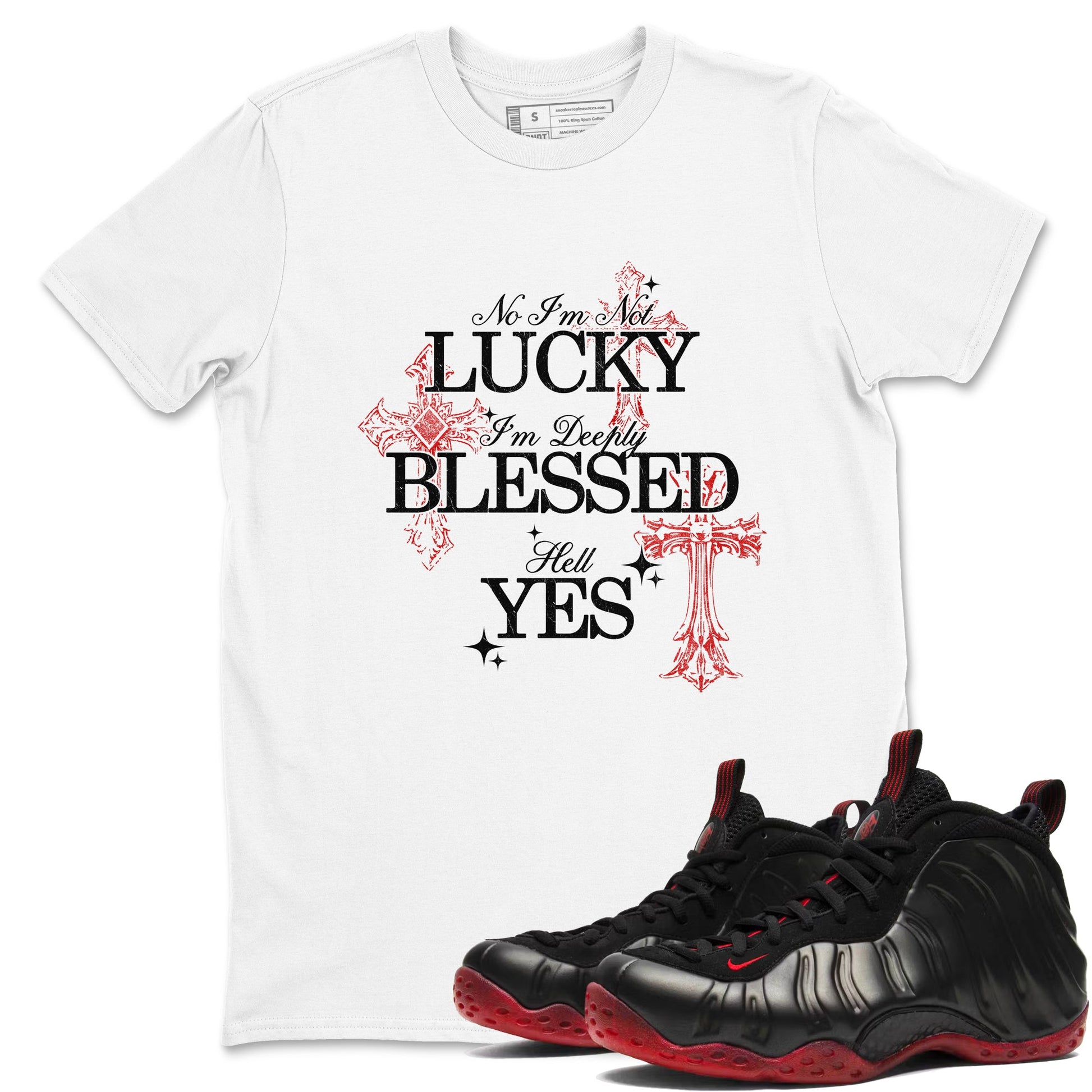 Deeply Blessed sneaker match t-shirt styled to complete your fit with the Air Foamposite Cough Drop sneakers, shown in White 1.