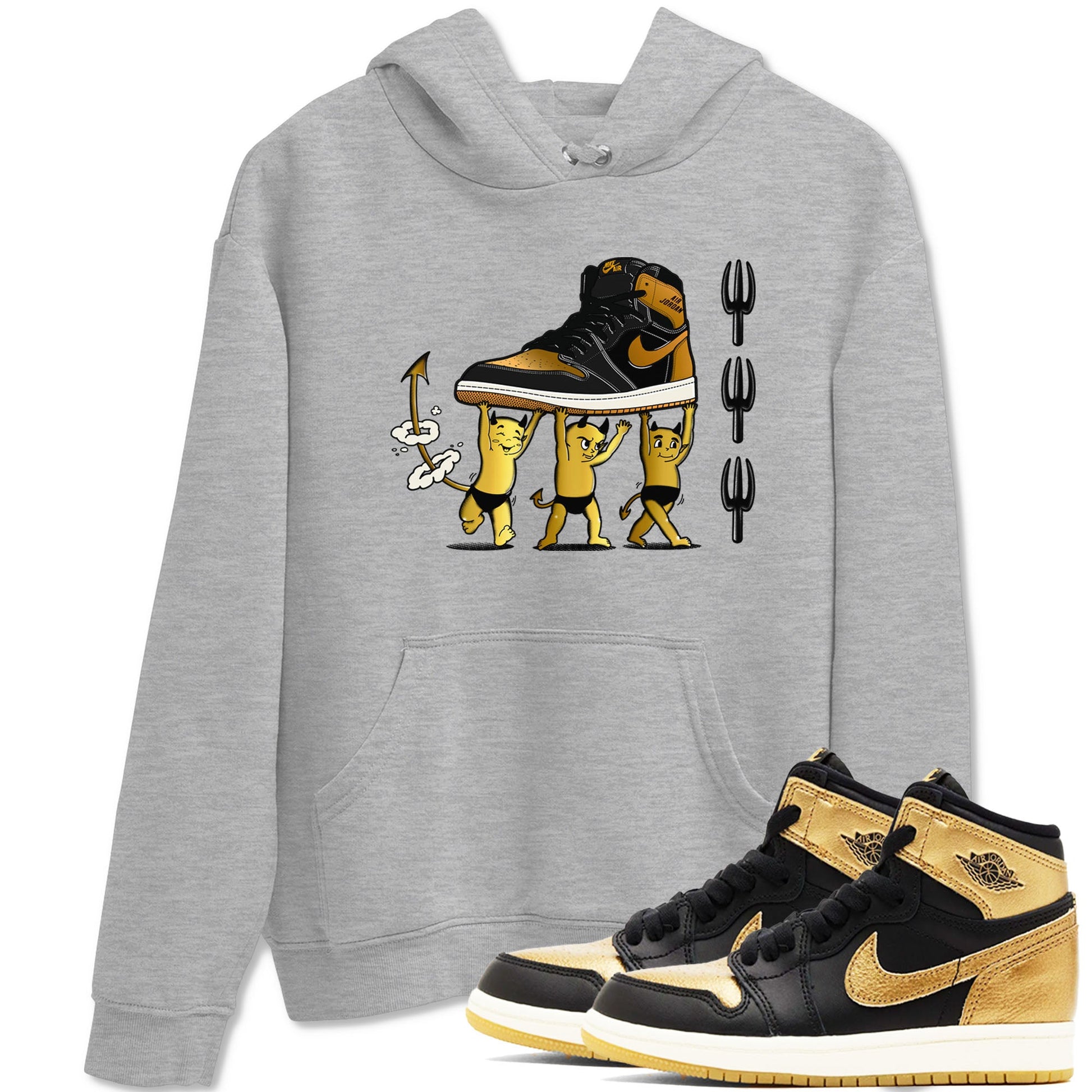 Air Jordan 1 High OG Black Metallic Gold shirts to match jordans Devil Babies sneaker match tees 1s Black Metallic Gold SNRT Sneaker Release Tees unisex cotton Heather Grey 1 crew neck shirts