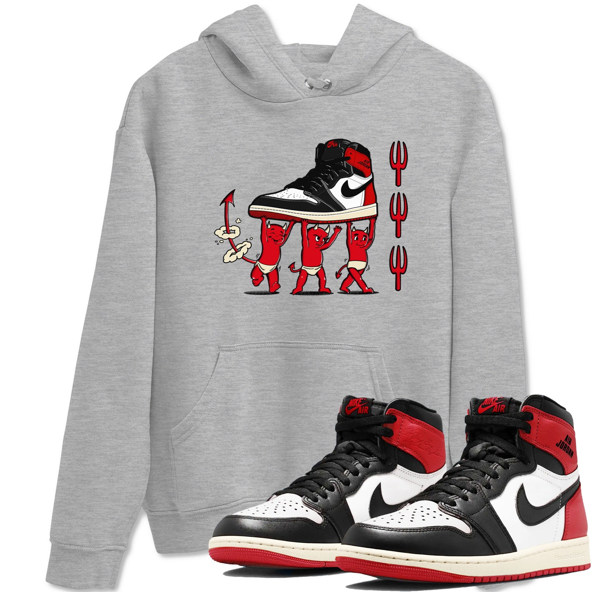 1s Black Toe Reimagined shirts to match jordans Devil Babies sneaker match tees Air Jordan 1 Black Toe Reimagined SNRT Sneaker Release Tees unisex cotton Heather Grey 1 crew neck shirts