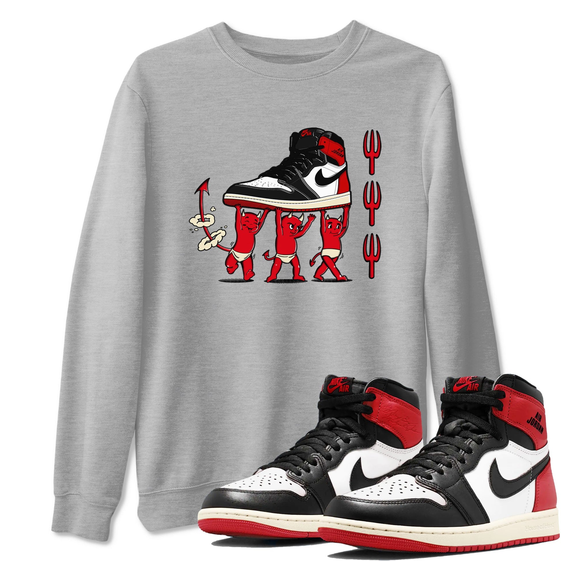 1s Black Toe Reimagined shirts to match jordans Devil Babies sneaker match tees Air Jordan 1 Black Toe Reimagined SNRT Sneaker Release Tees unisex cotton Heather Grey 1 crew neck shirts