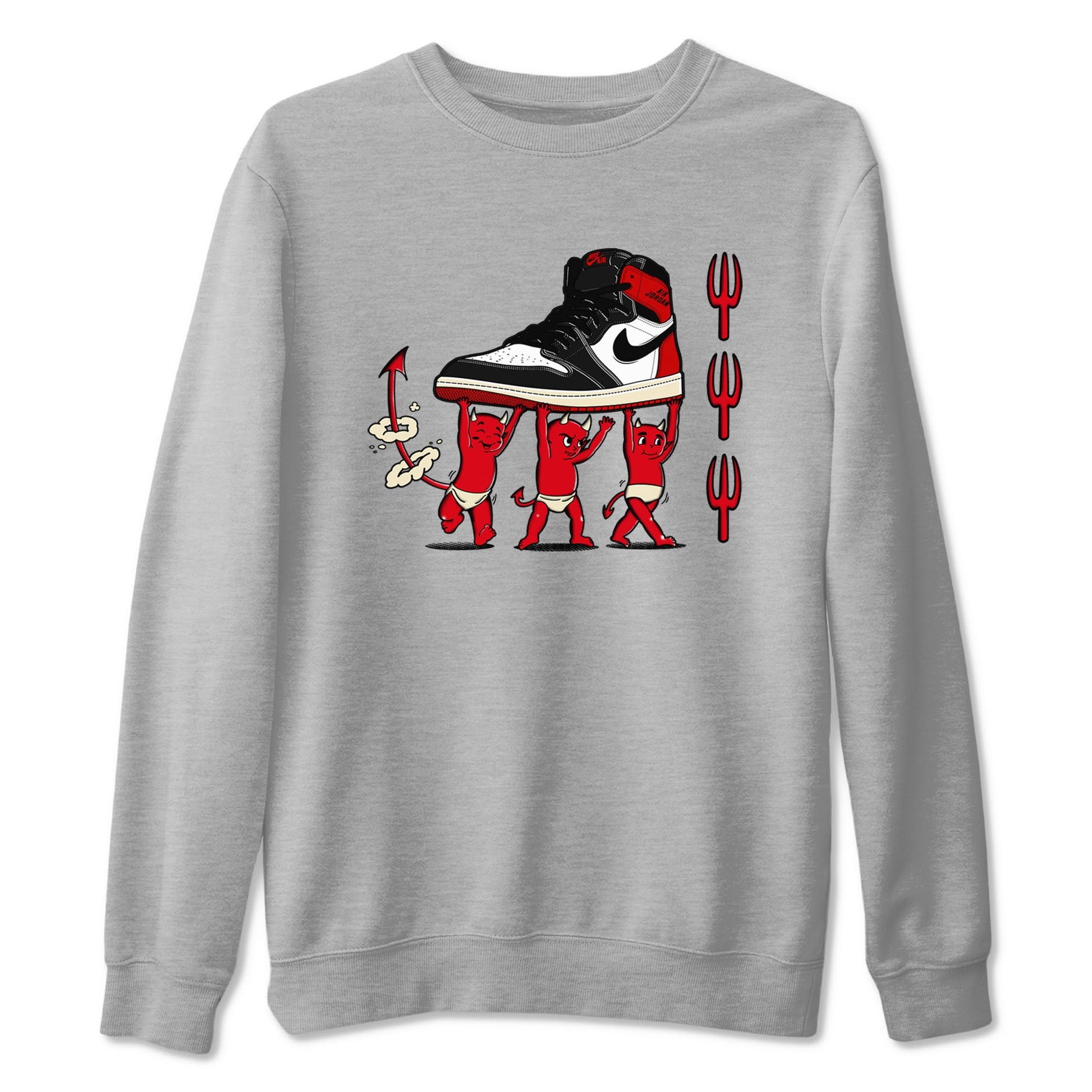 1s Black Toe Reimagined shirts to match jordans Devil Babies sneaker match tees Air Jordan 1 Black Toe Reimagined SNRT Sneaker Release Tees unisex cotton Heather Grey 2 crew neck shirts